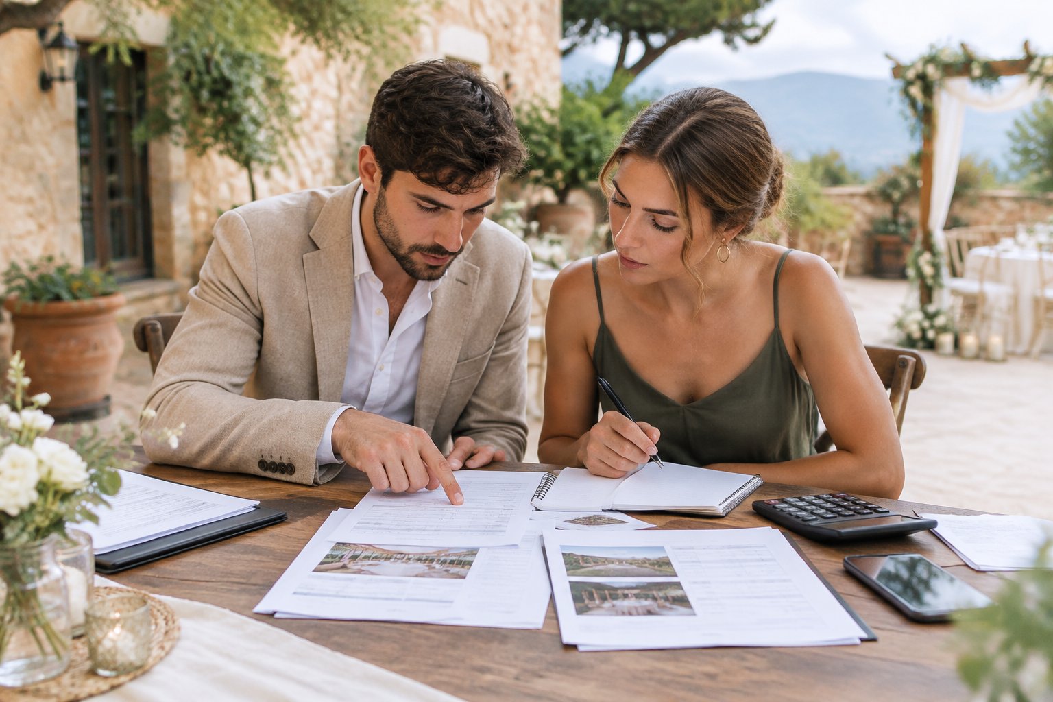 A couple compares wedding venue documents and calculates costs at a Spanish venue.