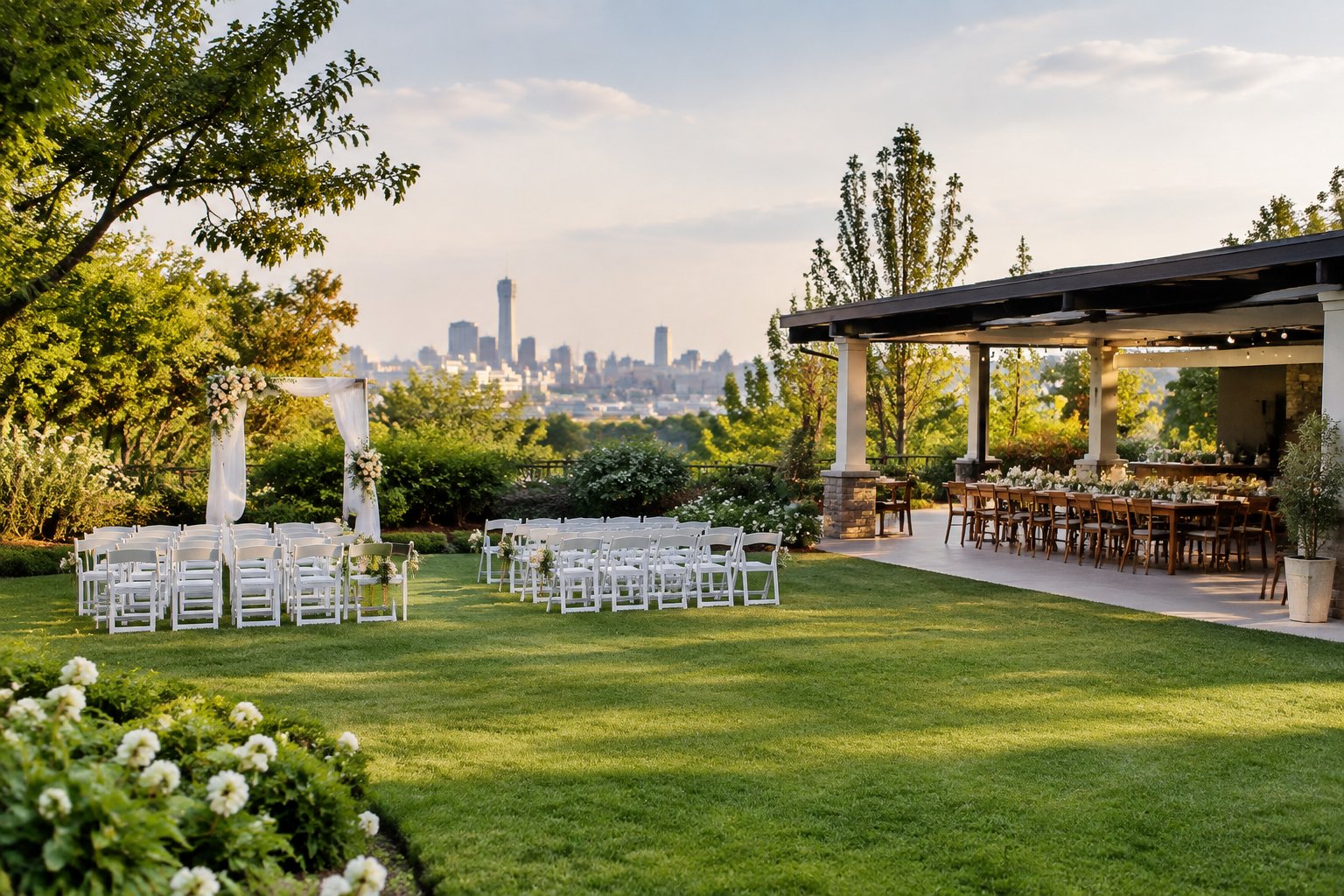 A modest landscaped wedding venue in Johannesburg with white chairs, floral decorations, and a covered reception area.