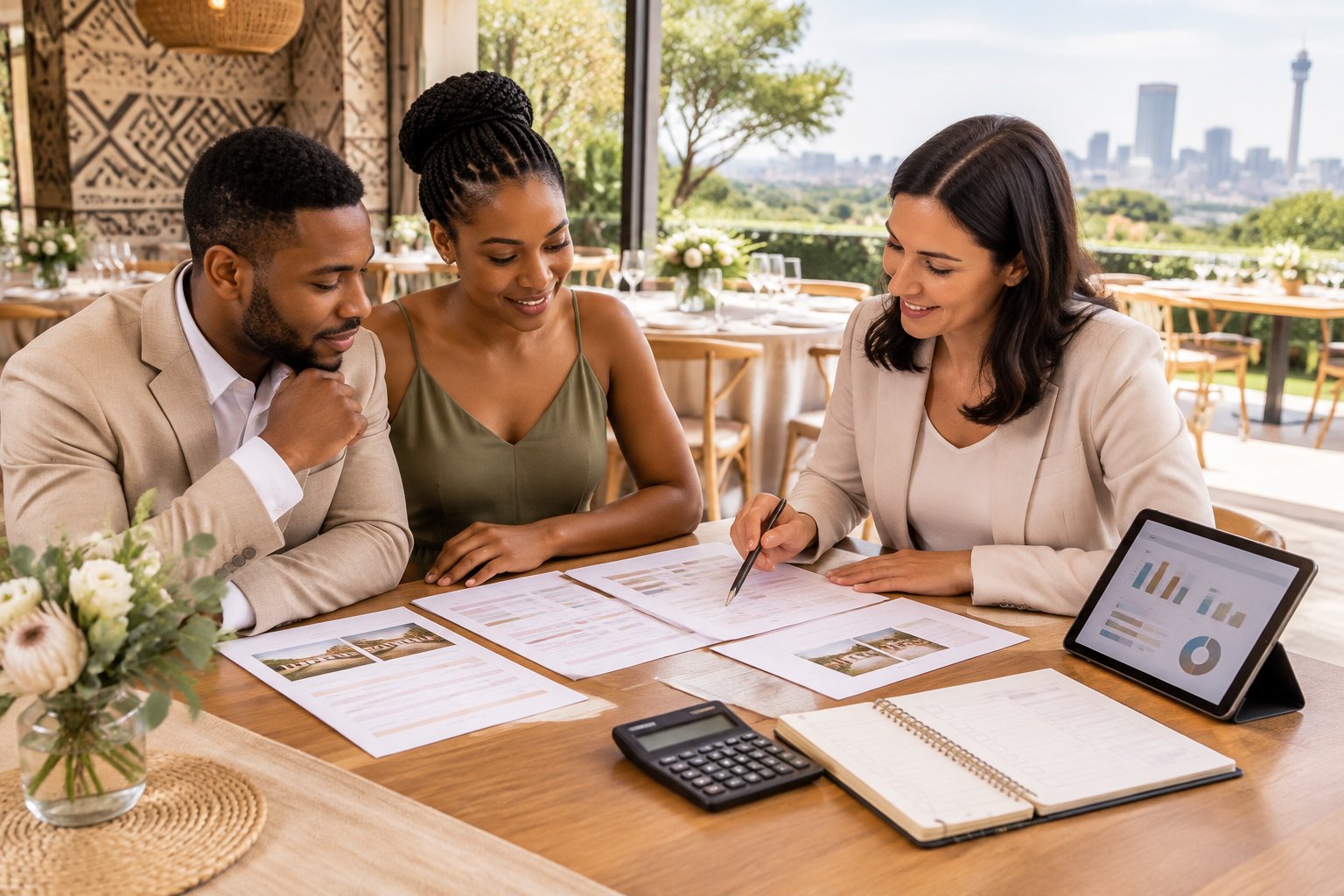 A couple and a wedding planner compare venue proposals at a table in an elegant wedding venue.