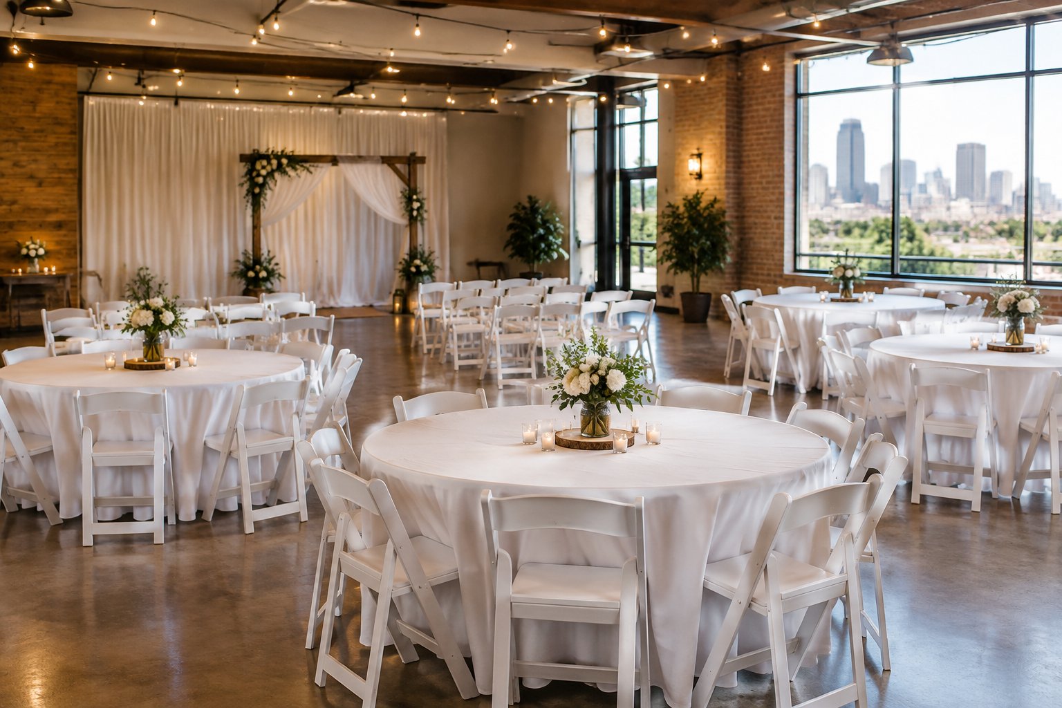 A modest wedding reception setup in a warmly decorated community venue.