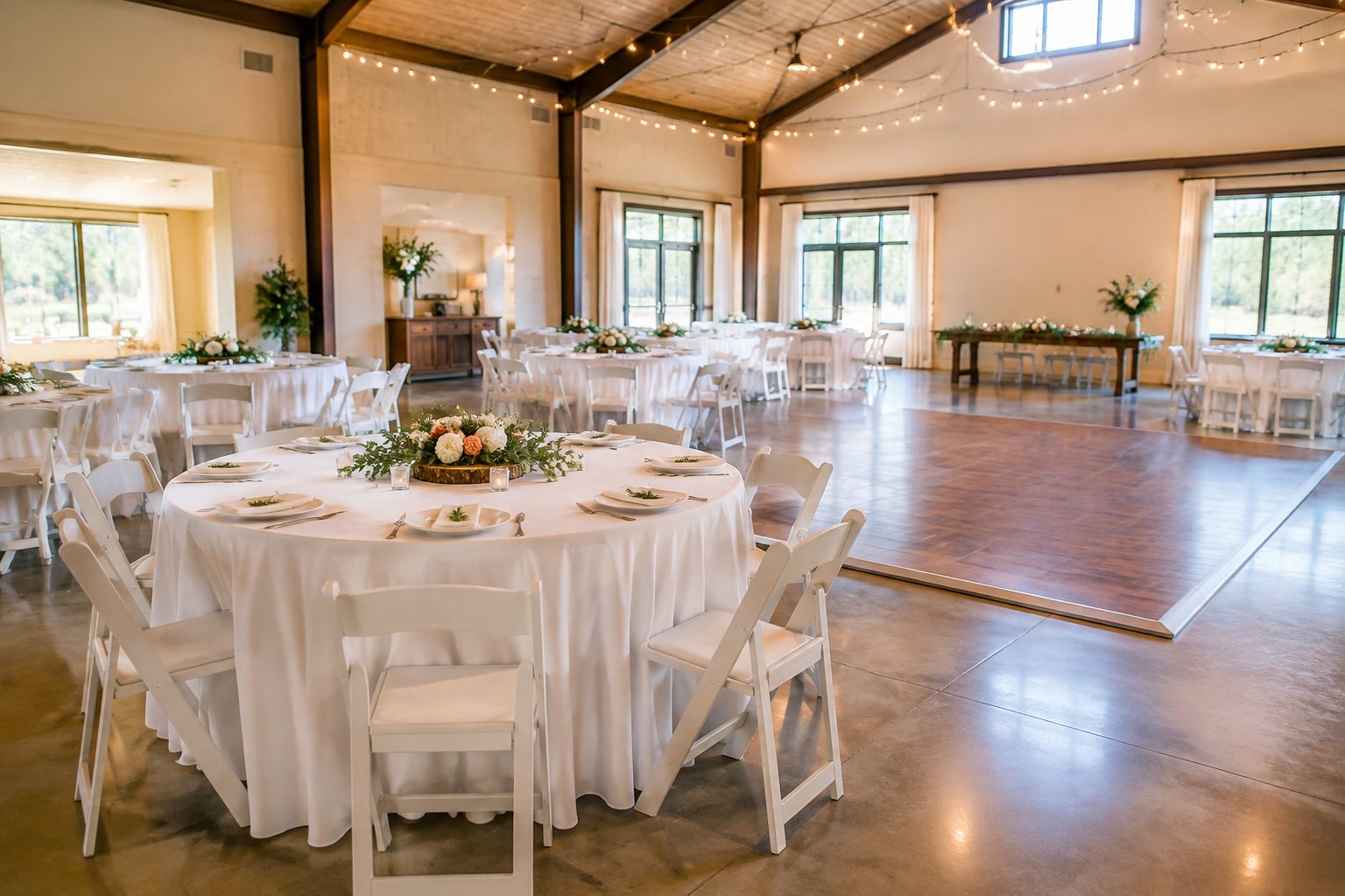 An affordable wedding reception setup in a bright, simply decorated venue with round tables, greenery, flowers, and warm string lights.
