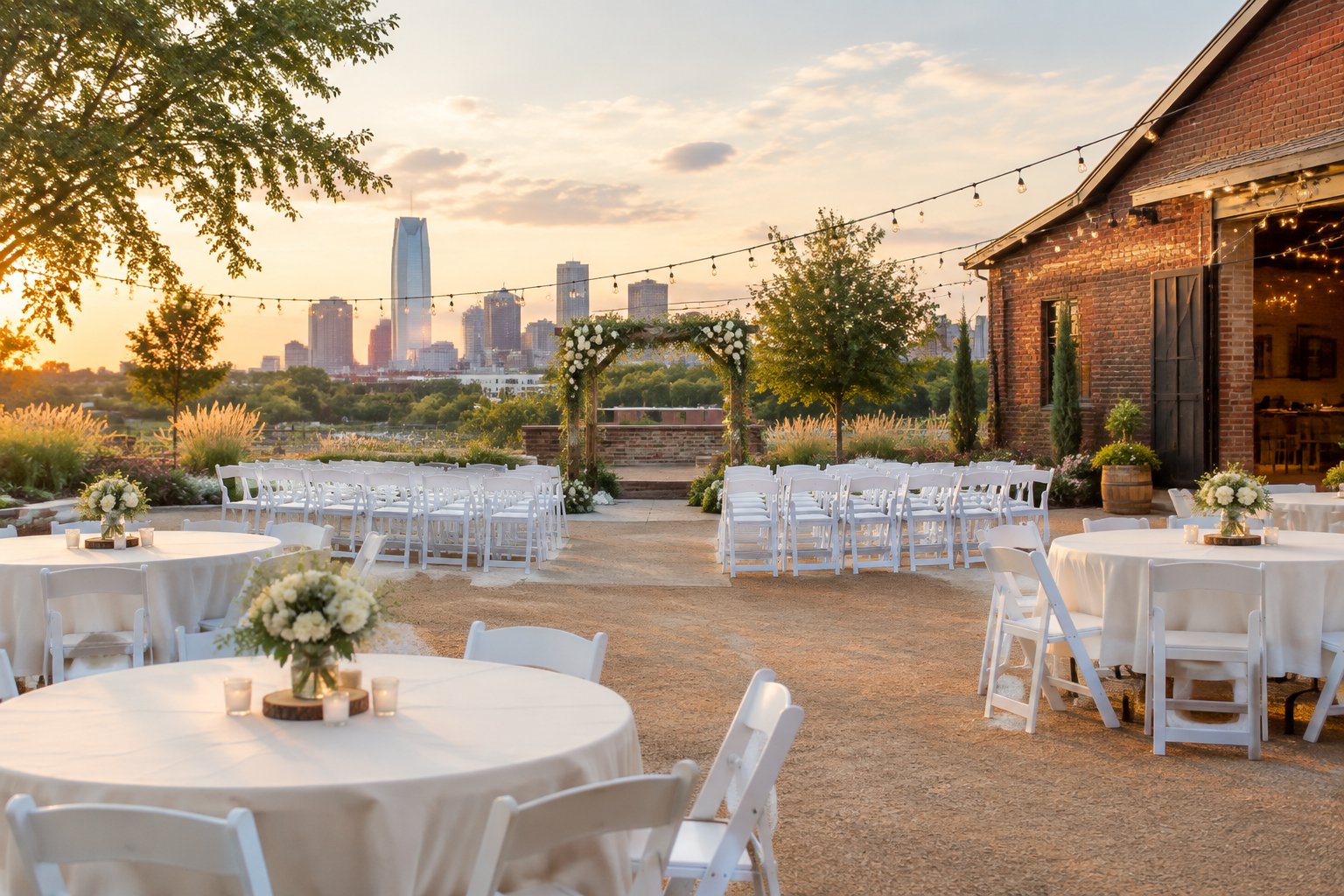 A simple wedding ceremony and reception setup at an inviting Oklahoma City venue.