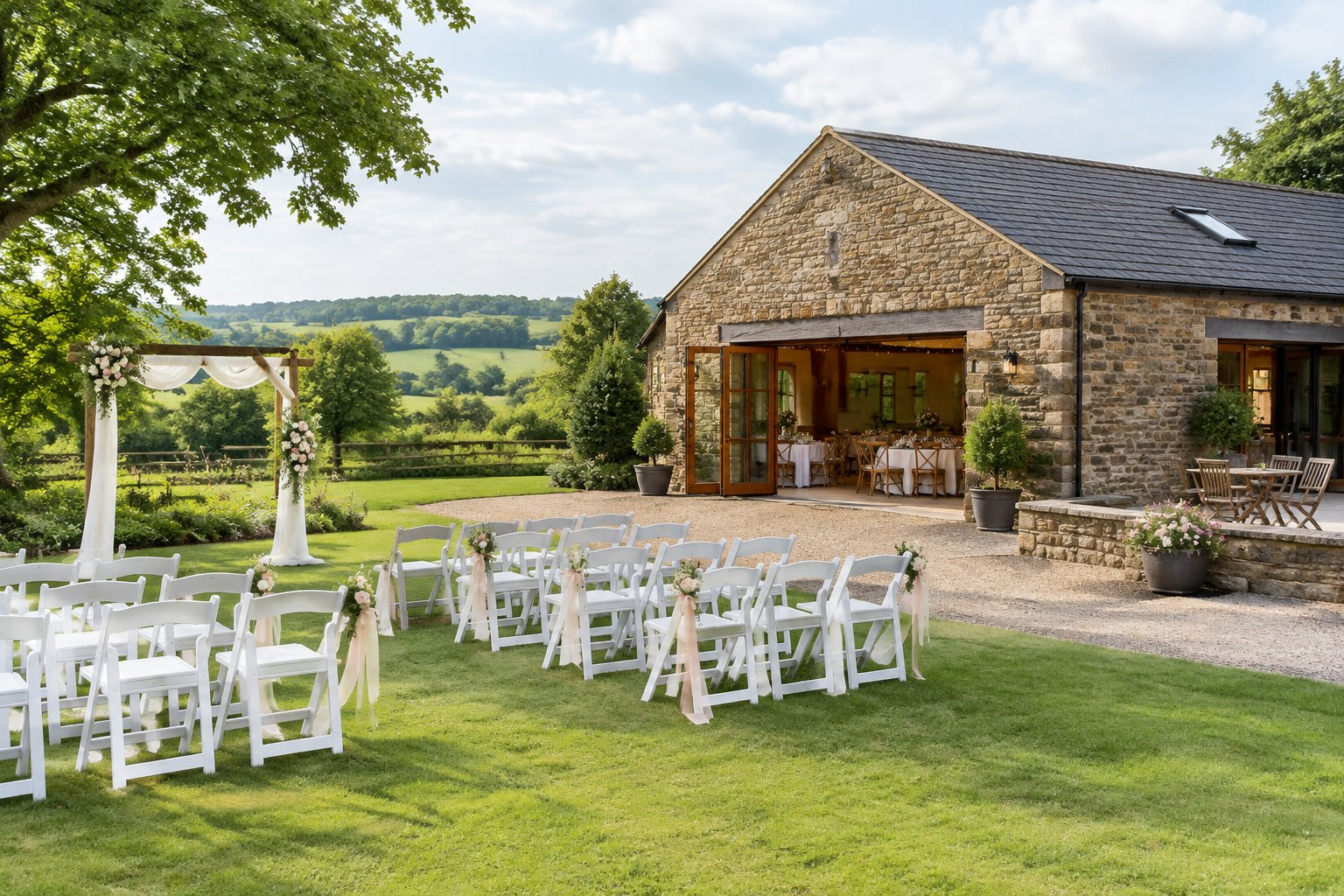 A modest countryside wedding venue with simple outdoor seating and floral decorations.