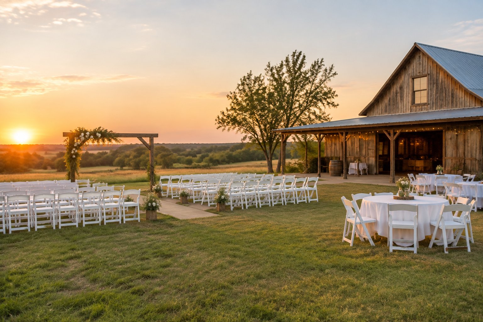 A charming outdoor wedding venue with white chairs, a floral arch, and simple reception tables near an Oklahoma landscape.