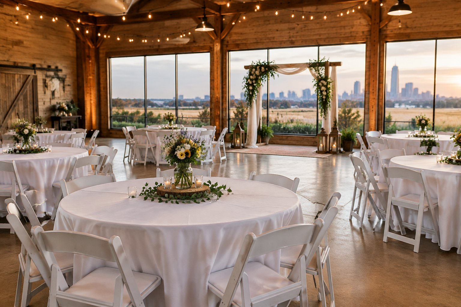 An intimate wedding reception arranged in an affordable event venue with simple floral centerpieces and warm lights.