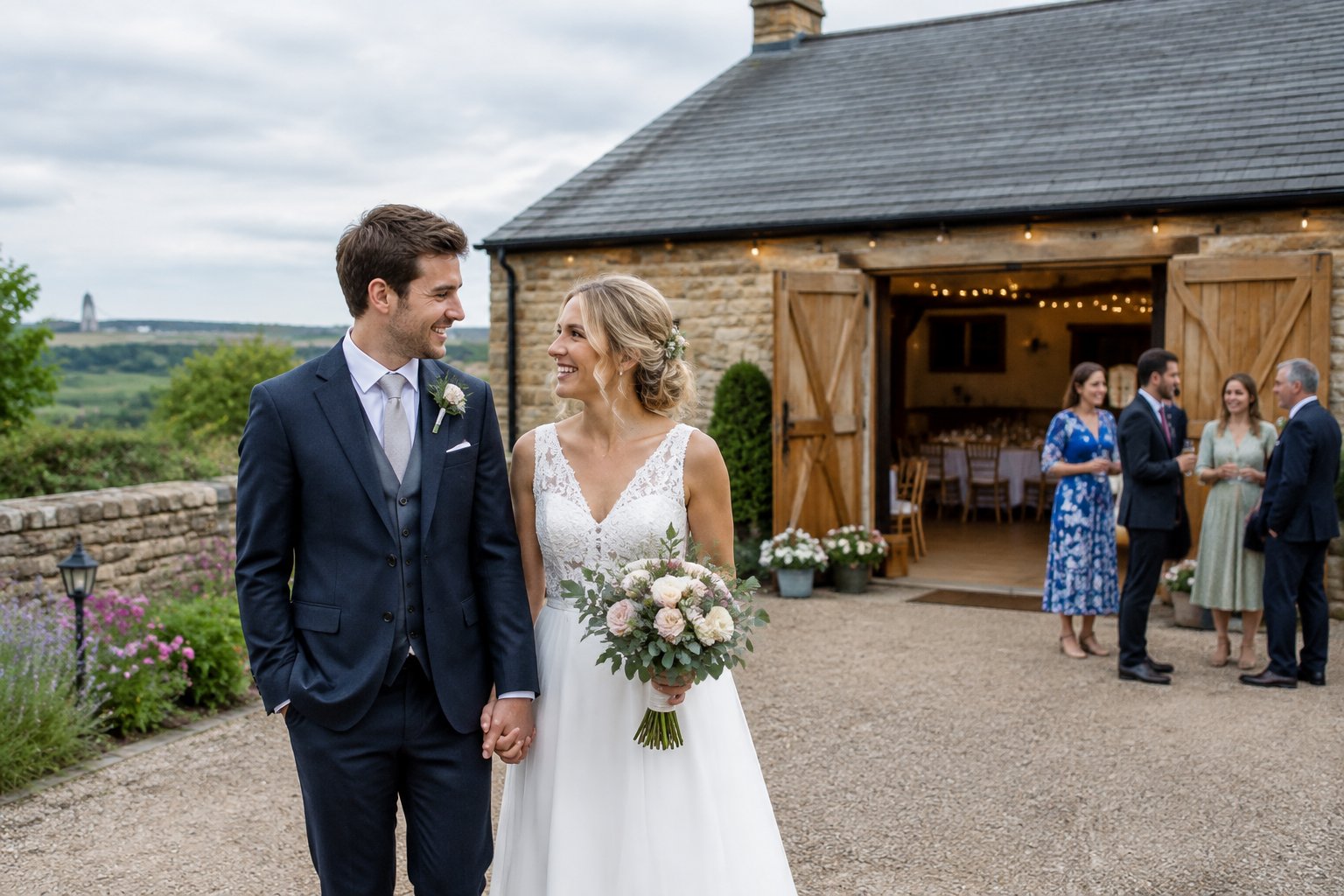 A newlywed couple stands outside a welcoming wedding venue with guests and simple decorations.