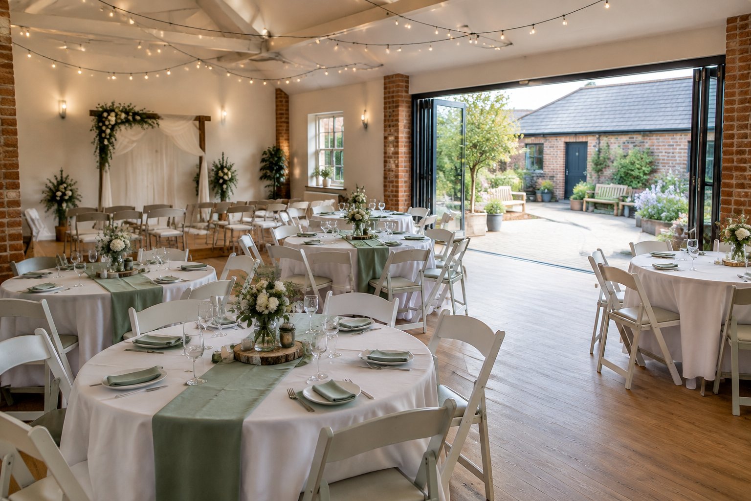 A modest wedding venue with simple decorations, flexible seating, and a small landscaped courtyard.