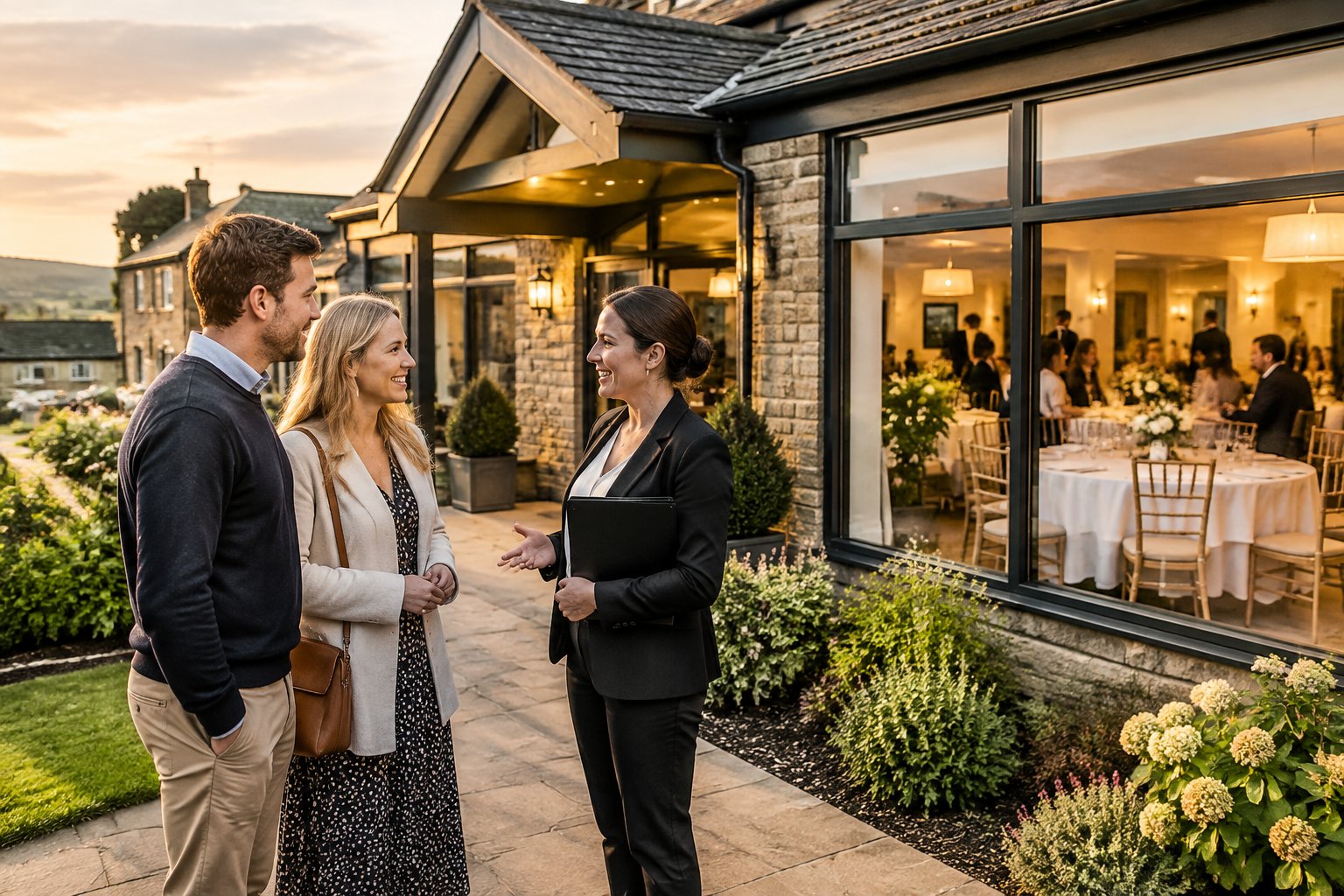 A couple and a venue coordinator view an affordable wedding reception venue near Middlesbrough.