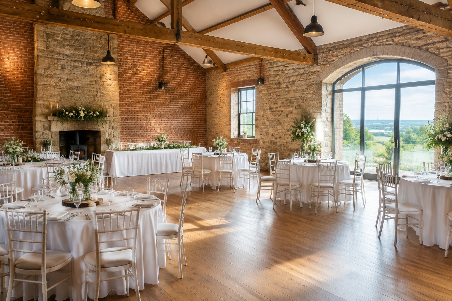 A welcoming wedding reception arranged in a characterful historic venue with simple flowers and countryside views.