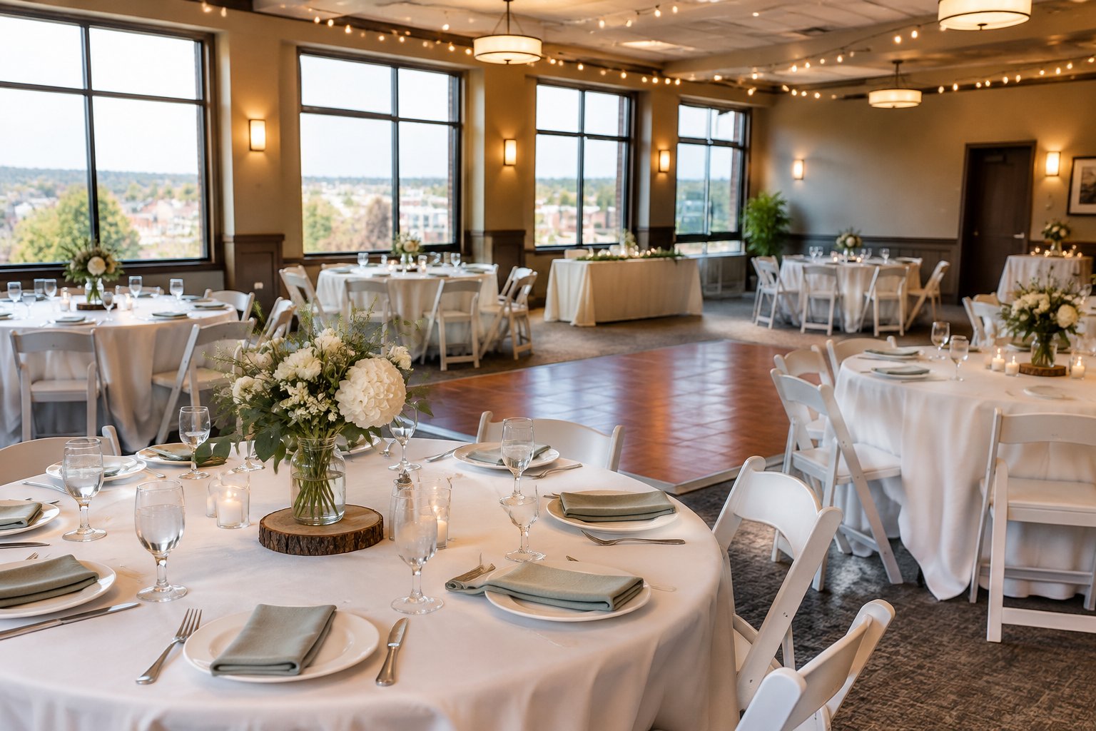 A modest, warmly decorated wedding reception venue with simple tables, floral centerpieces, and a small dance floor.