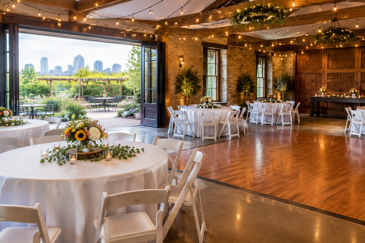A modestly decorated wedding reception in an inviting, budget-friendly venue.