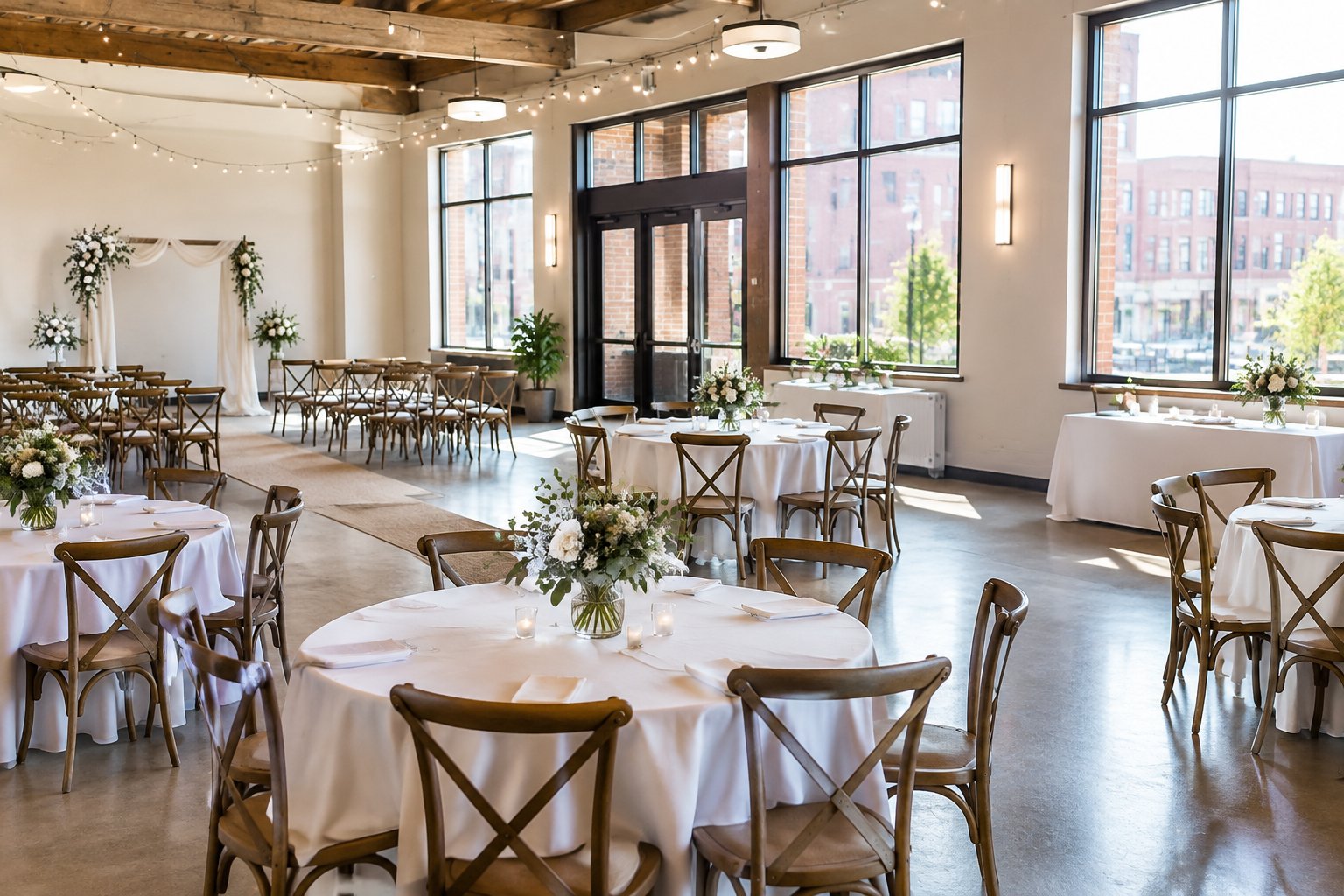 A modest wedding reception setup inside a welcoming local venue with simple floral centerpieces and warm natural light.