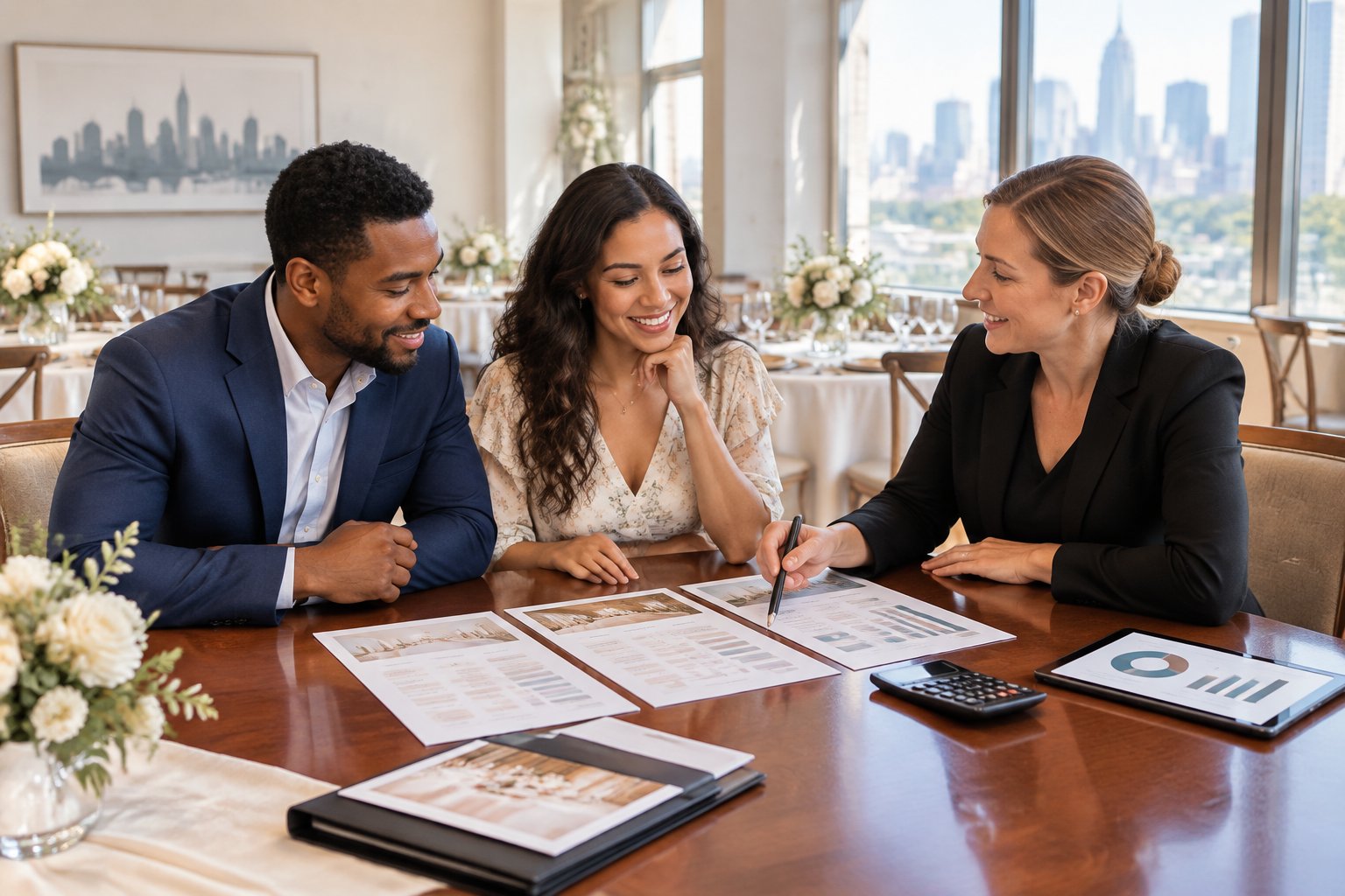 A couple and a venue coordinator compare wedding cost documents at a table in a bright reception venue.