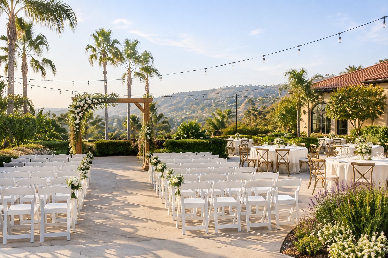 A modest outdoor wedding venue with white chairs, simple flowers, string lights, and palm trees in a sunny garden setting.