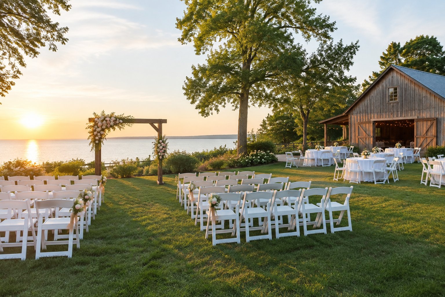 An affordable outdoor wedding venue with white chairs, a simple floral arch, and tables surrounded by greenery near a lake.