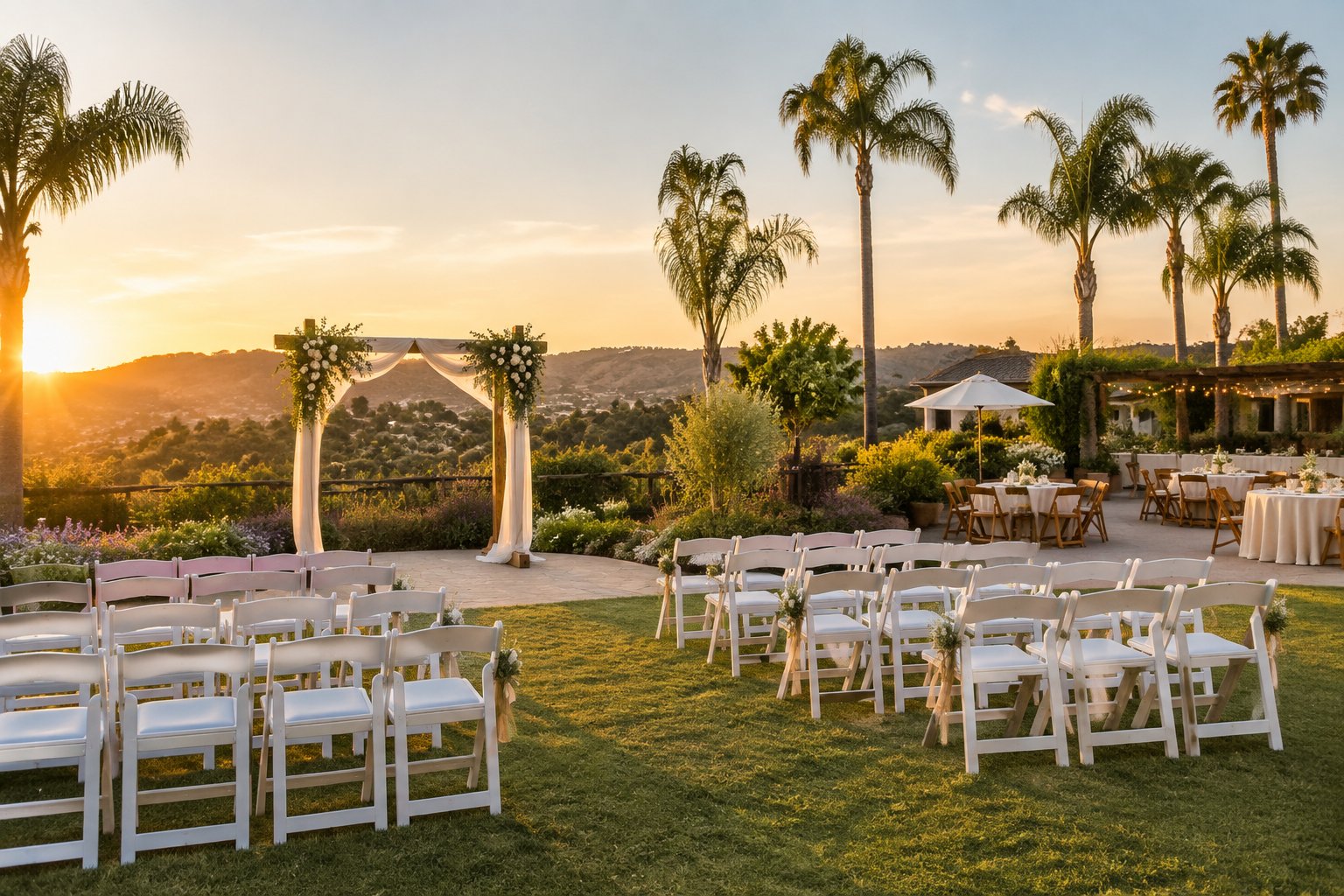 A modest outdoor wedding ceremony setup with white chairs, simple decorations, and landscaped Southern California surroundings.