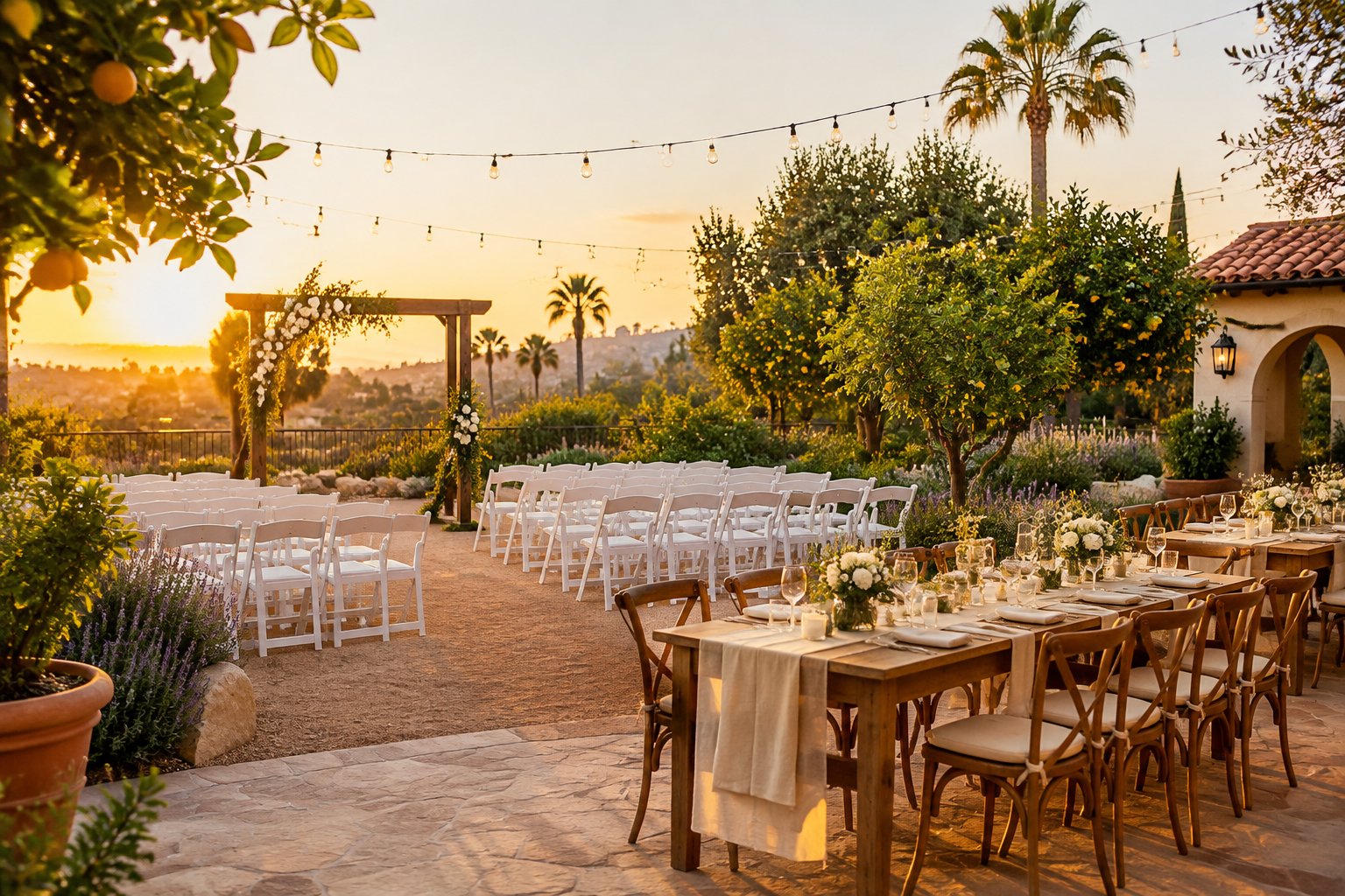 An outdoor wedding venue with white chairs, a decorated arbor, tables, greenery, and string lights.