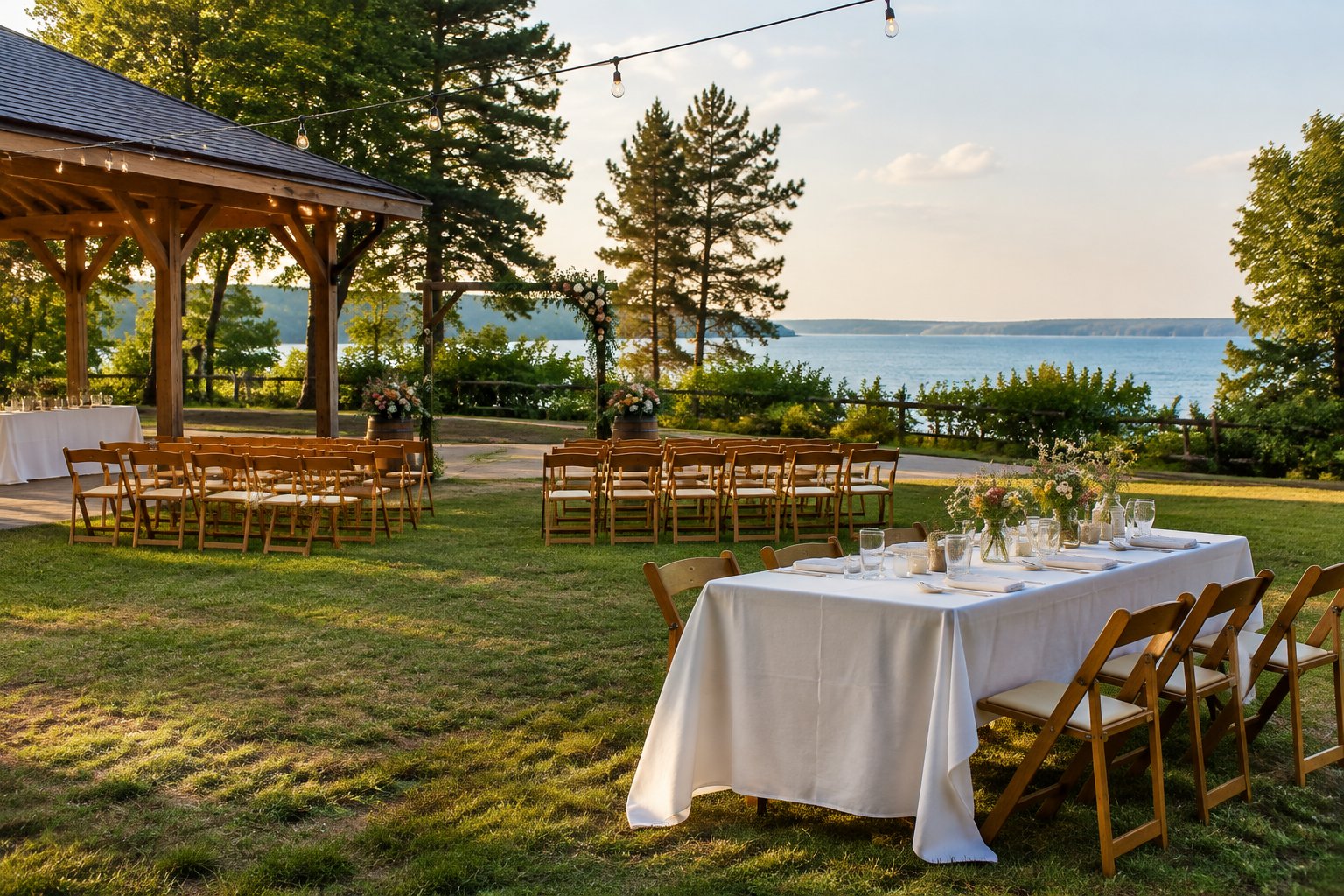 An intimate wedding setup with simple decorations at an affordable outdoor venue near a lake.