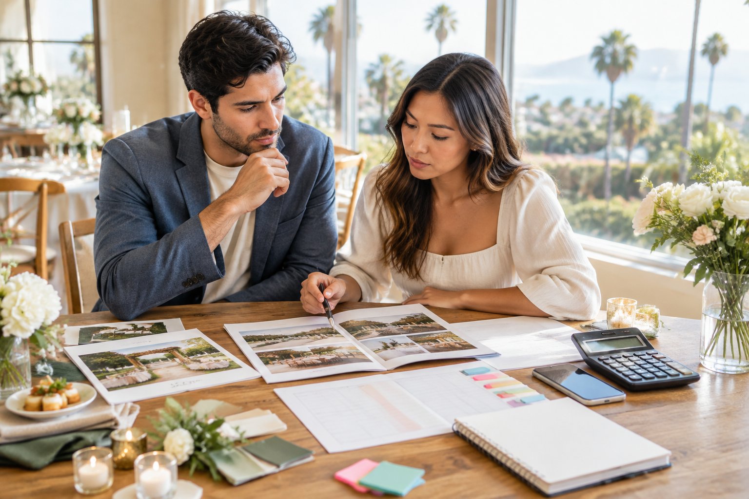 An engaged couple compares wedding venue costs at a table with brochures, a calculator, and budget materials.