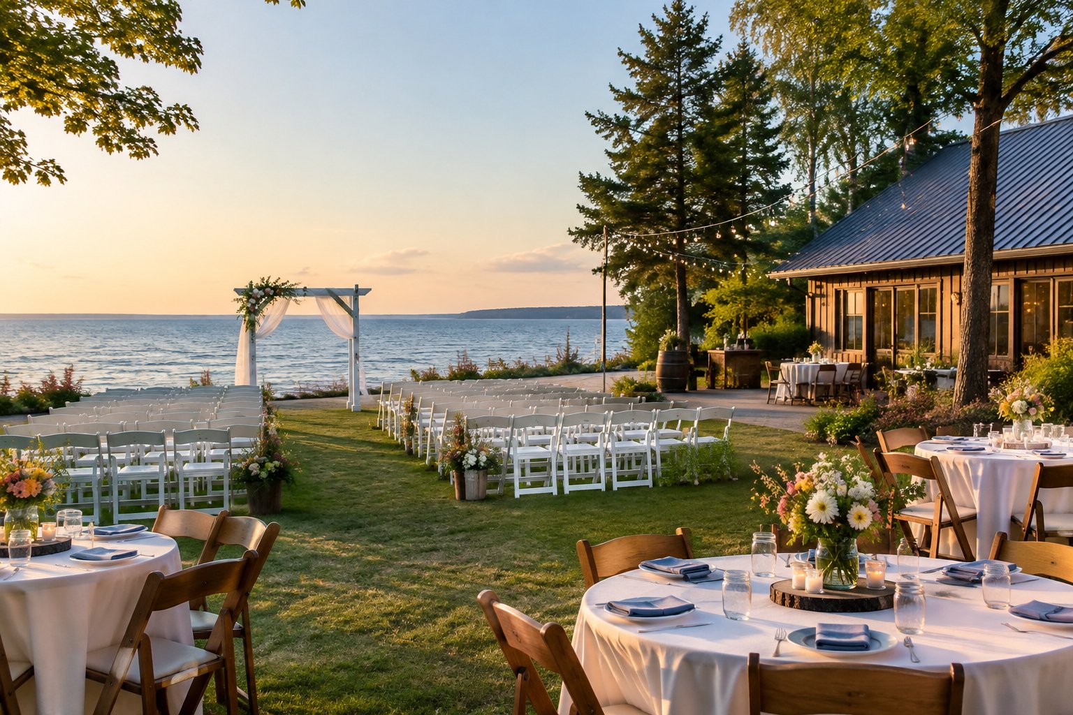 A modest lakeside wedding venue with white chairs, a simple ceremony arch, flowers, and string lights.