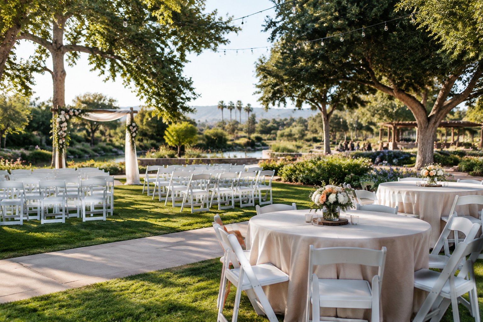 A modest wedding setup with white chairs, decorated tables, and a floral arch in a sunny community garden.