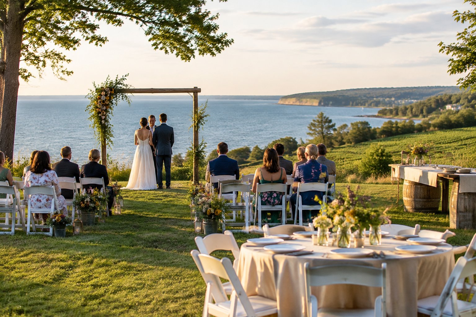 An intimate outdoor wedding ceremony at an affordable scenic venue near Traverse City, with simple chairs, a wooden arch, and lakeside greenery.