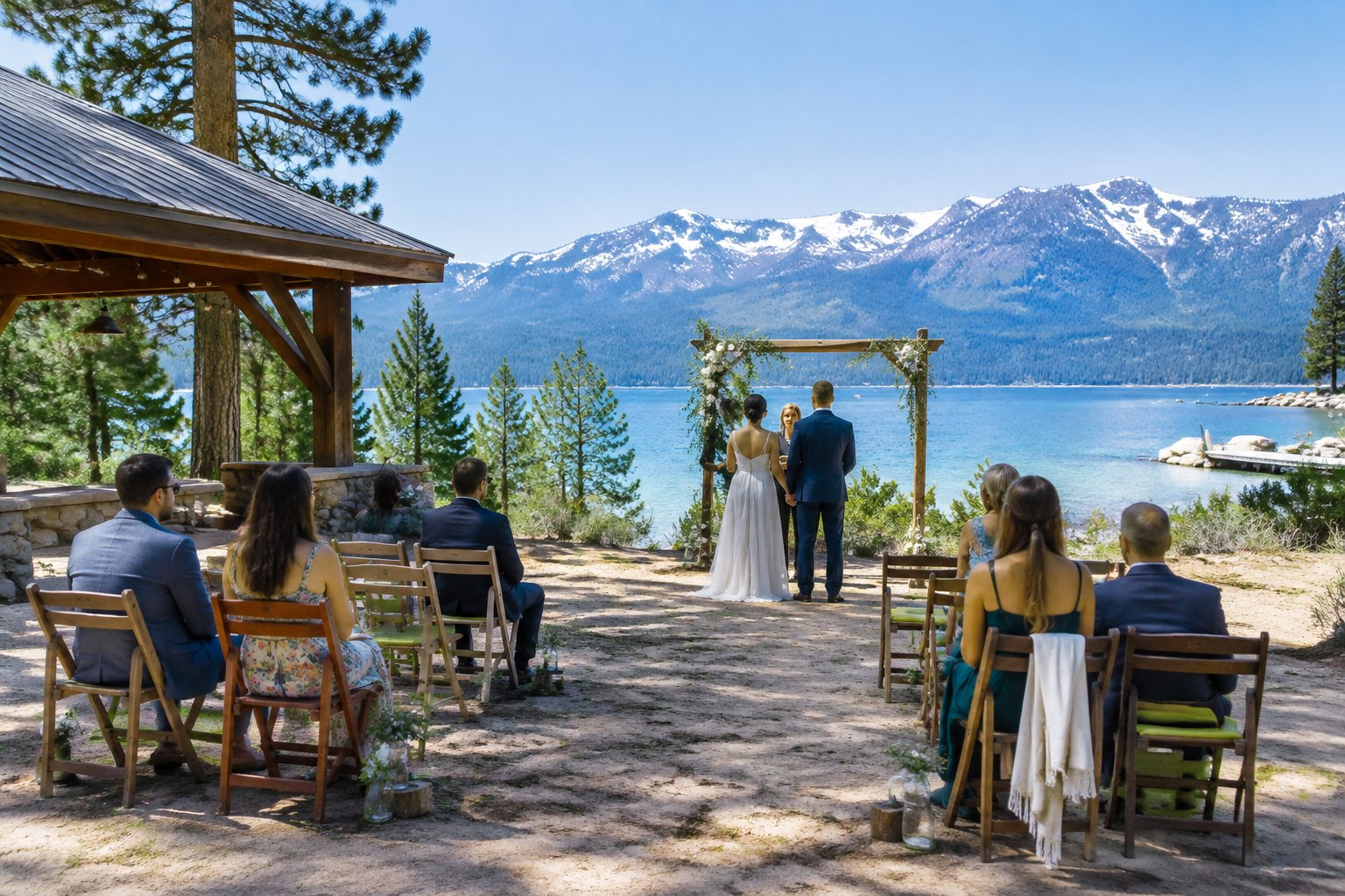 A simple lakeside wedding venue with chairs and modest decorations overlooking Lake Tahoe and the surrounding mountains.