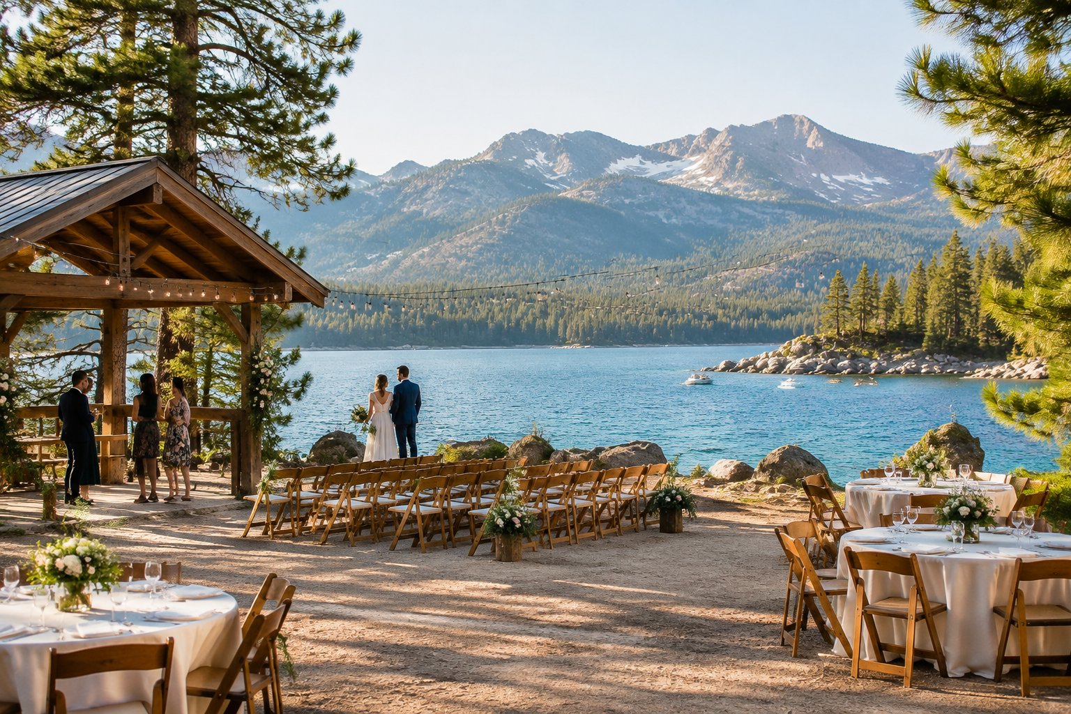 A modest outdoor wedding venue beside Lake Tahoe with simple decorations, guests, pine trees, mountains, and blue lake water.