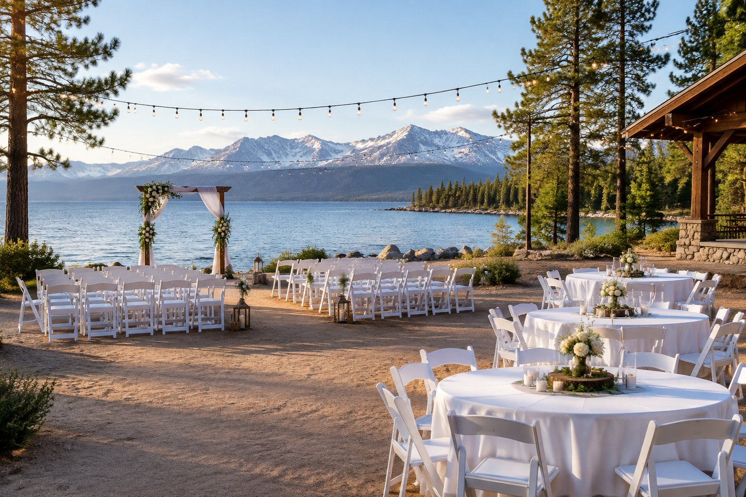 An affordable lakeside wedding venue with simple decorations, white chairs, and mountain views over Lake Tahoe.
