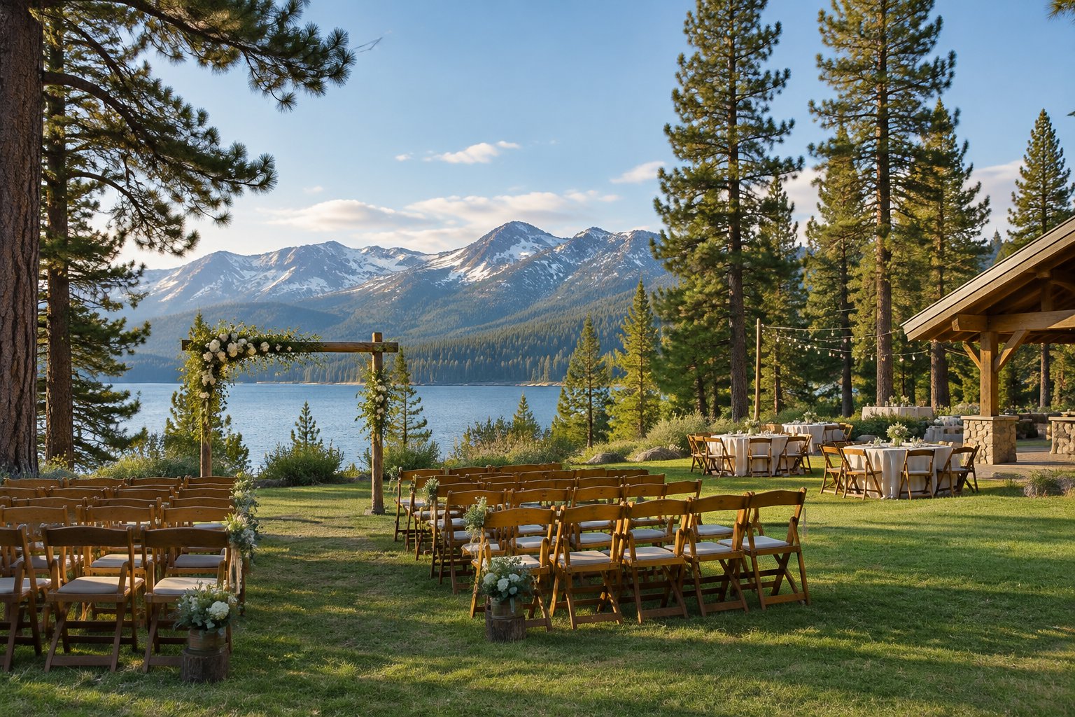 An intimate outdoor wedding setup in a Tahoe mountain meadow with simple chairs, a floral arbor, pine trees, and distant mountains.