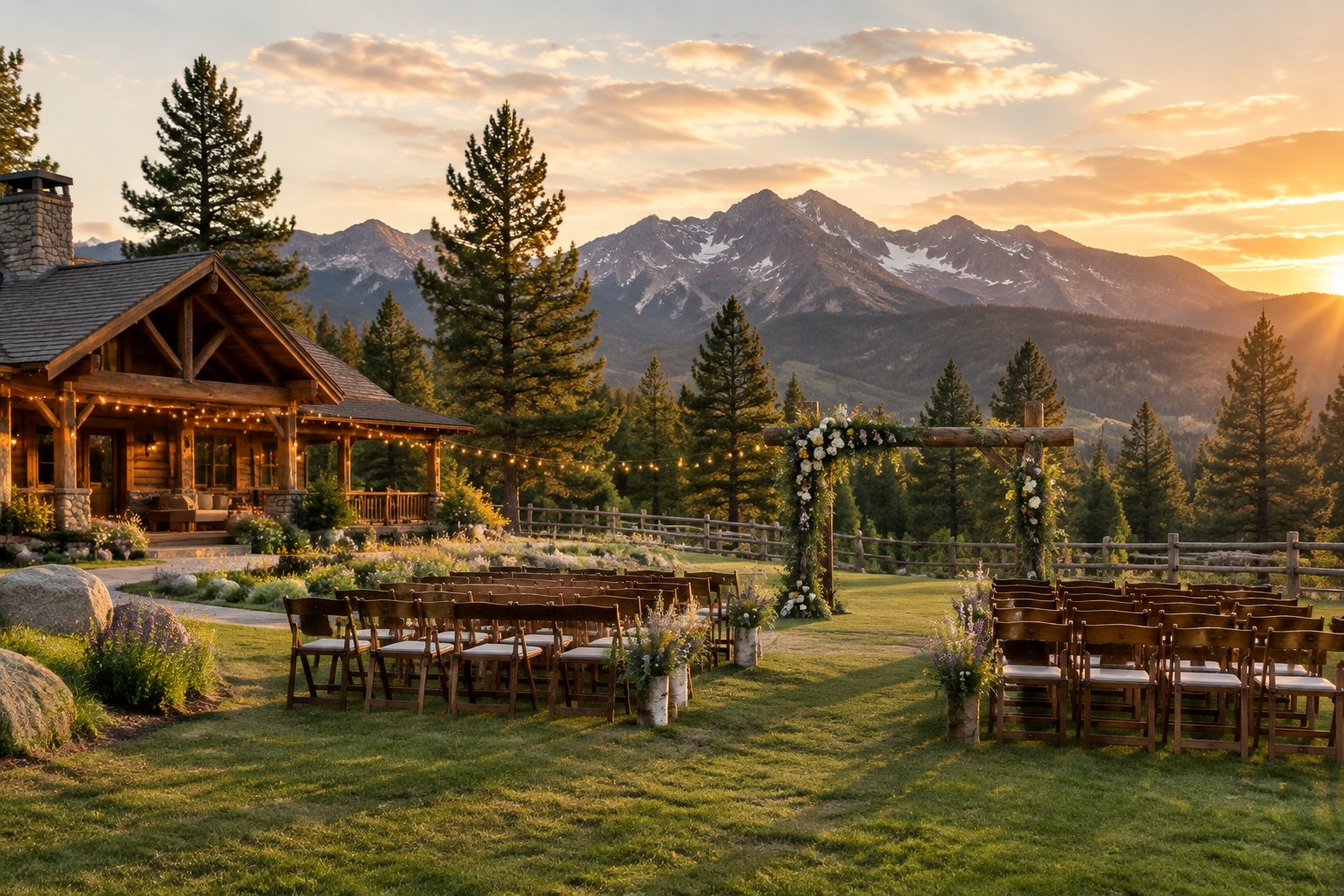 Rustic outdoor wedding venue at a mountain ranch with wooden chairs, a floral arbor, pine trees, and Sierra Nevada mountains.