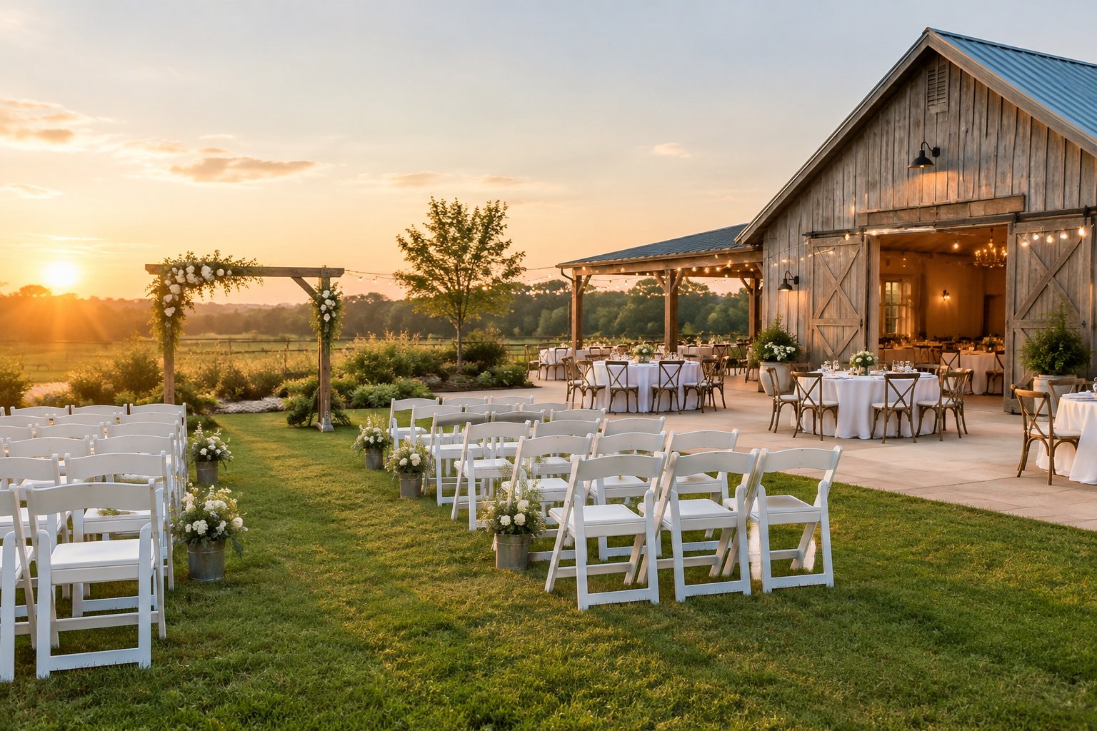 An elegant outdoor wedding venue with simple seating, understated decorations, and a reception area beneath warm string lights.