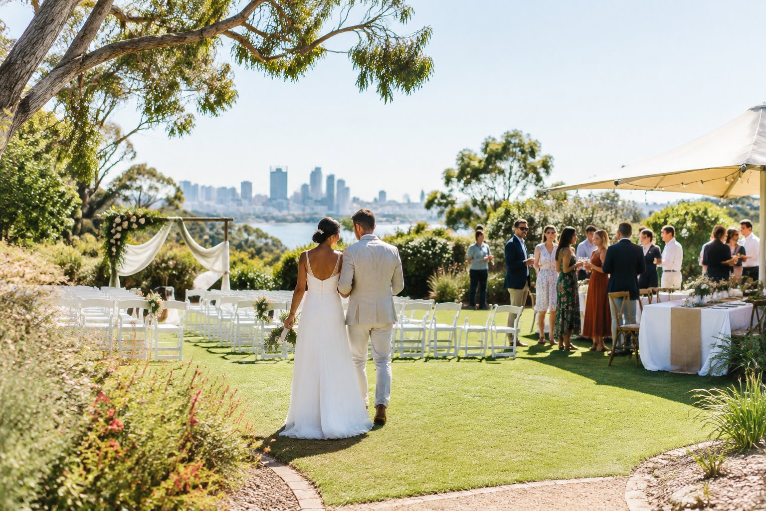 A couple and guests celebrate at a simple outdoor wedding venue surrounded by gardens.