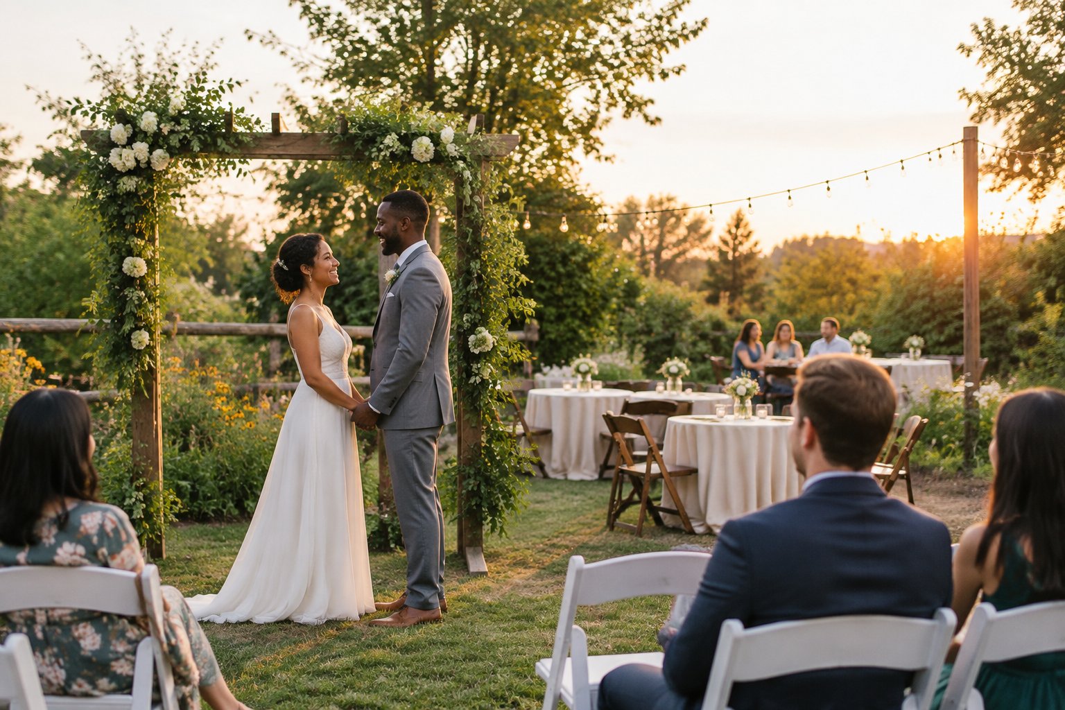 A couple stands beneath a flower-decorated arbor at an affordable outdoor wedding venue.