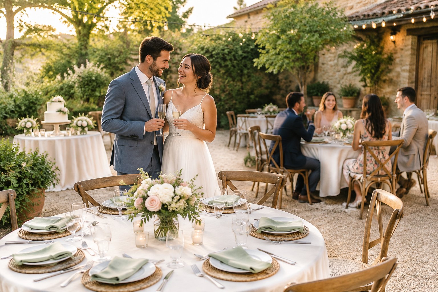 A newlywed couple and guests celebrate at an elegant outdoor wedding reception with coordinated tables, flowers, and catering.
