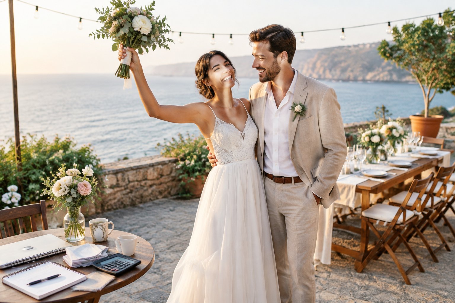 A newlywed couple celebrates at a charming outdoor wedding venue with simple decorations and scenic surroundings.