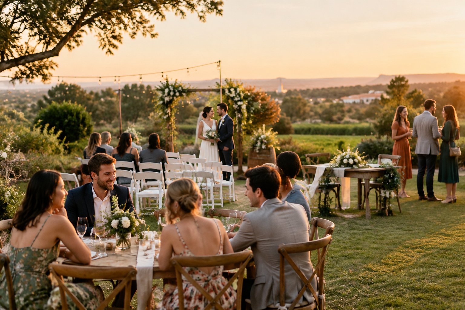 A couple and wedding guests gather at an affordable outdoor wedding venue with simple decorations and landscaped grounds.
