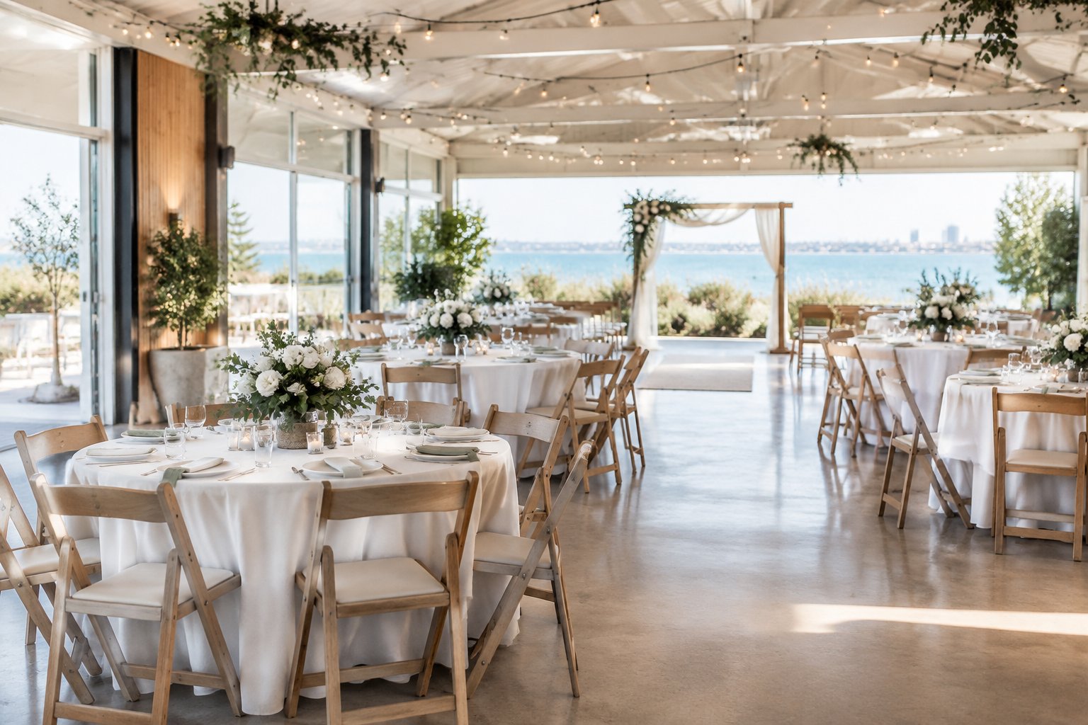A simply decorated wedding reception venue with round tables, floral arrangements, and warm string lights.