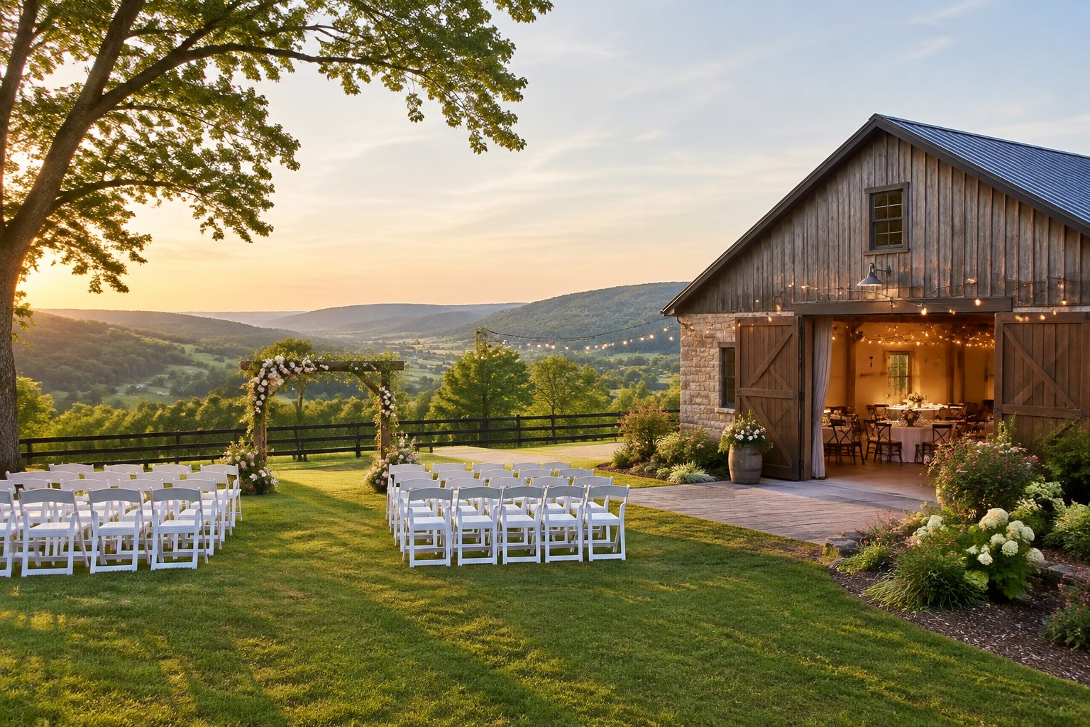 A modest wedding venue with simple decorations, outdoor ceremony seating, and green hills in the background.