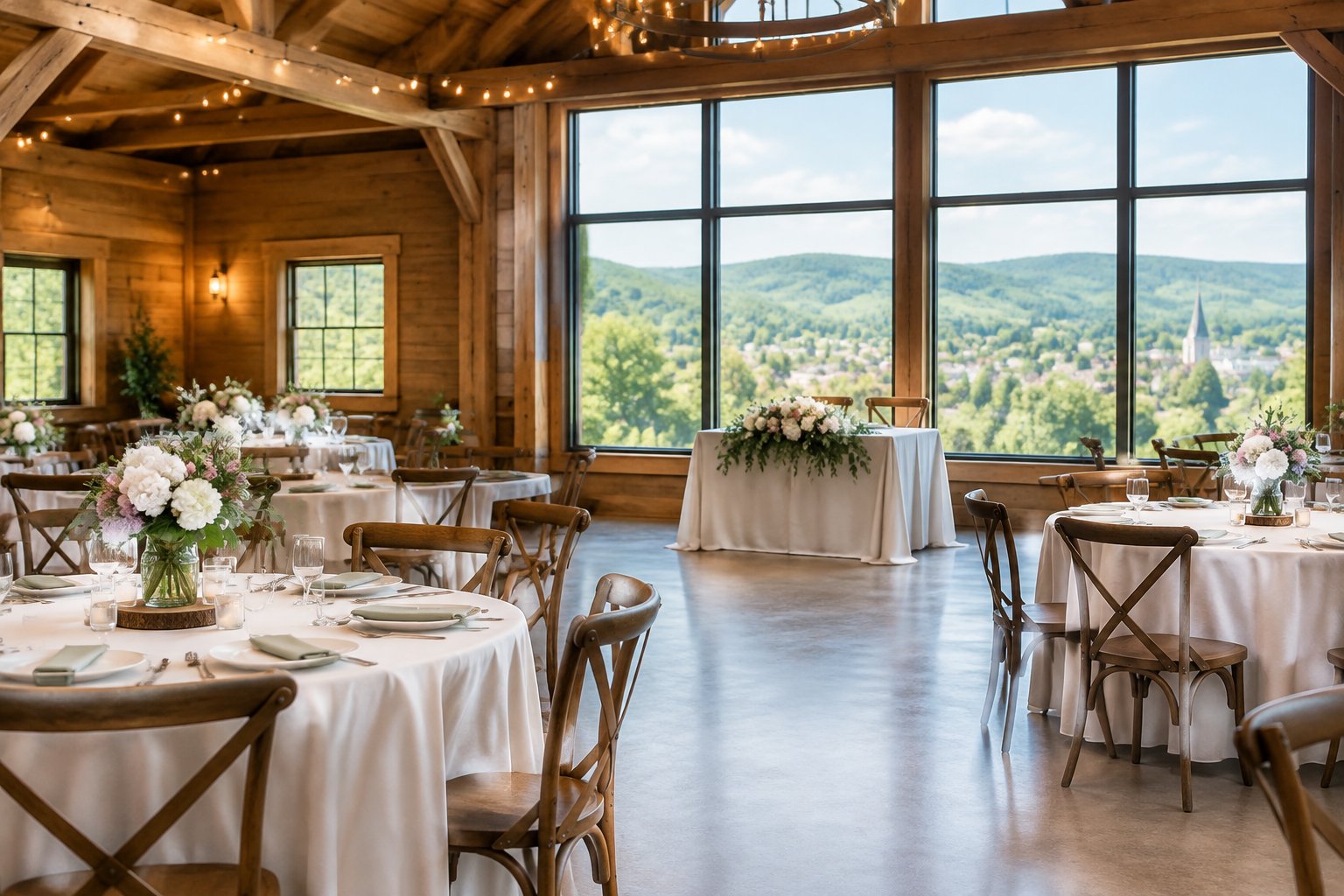 An elegant, modest wedding reception setup inside a charming venue overlooking green hills.