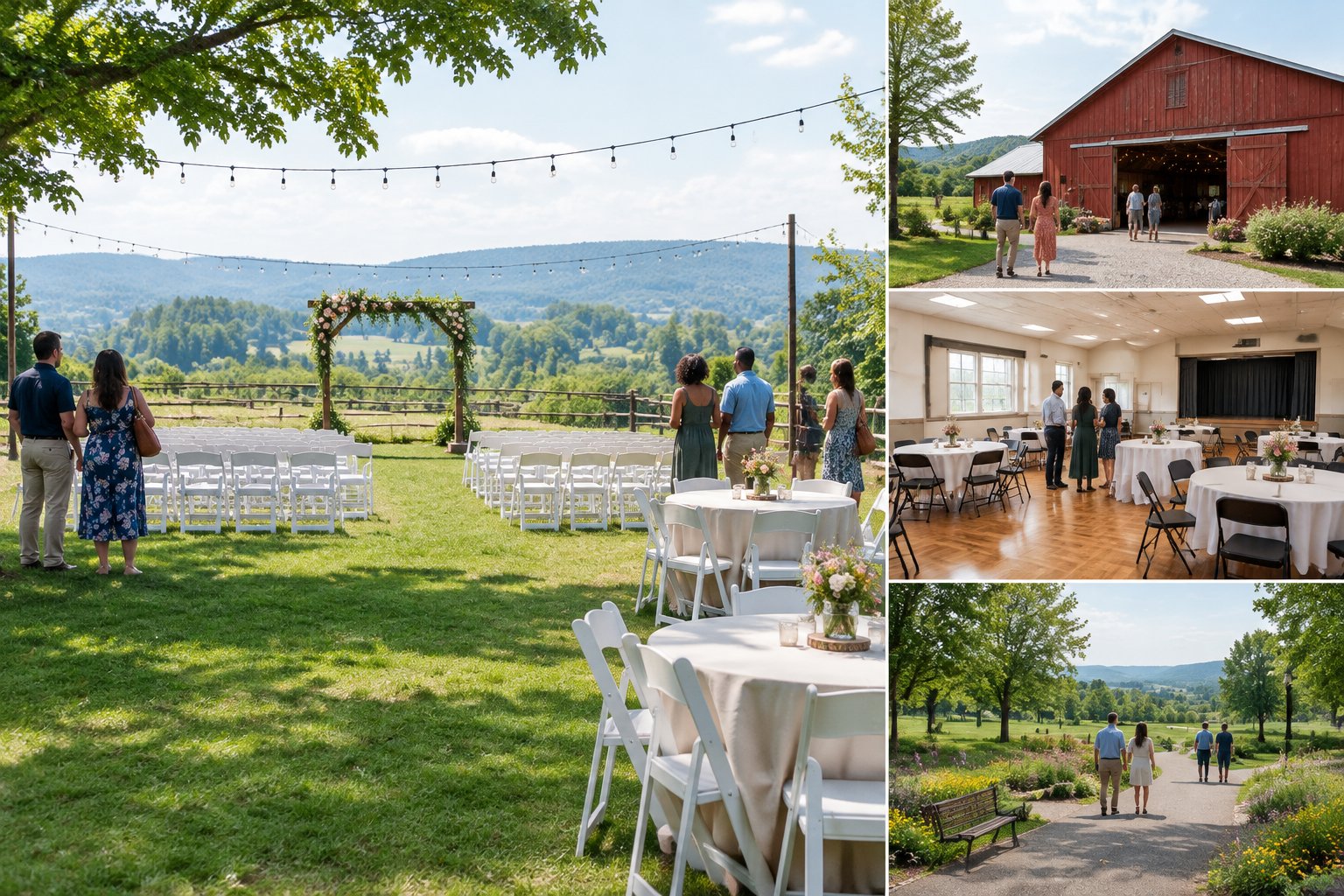 A couple explores an affordable wedding venue with outdoor seating, a rustic building, and rolling hills in the background.