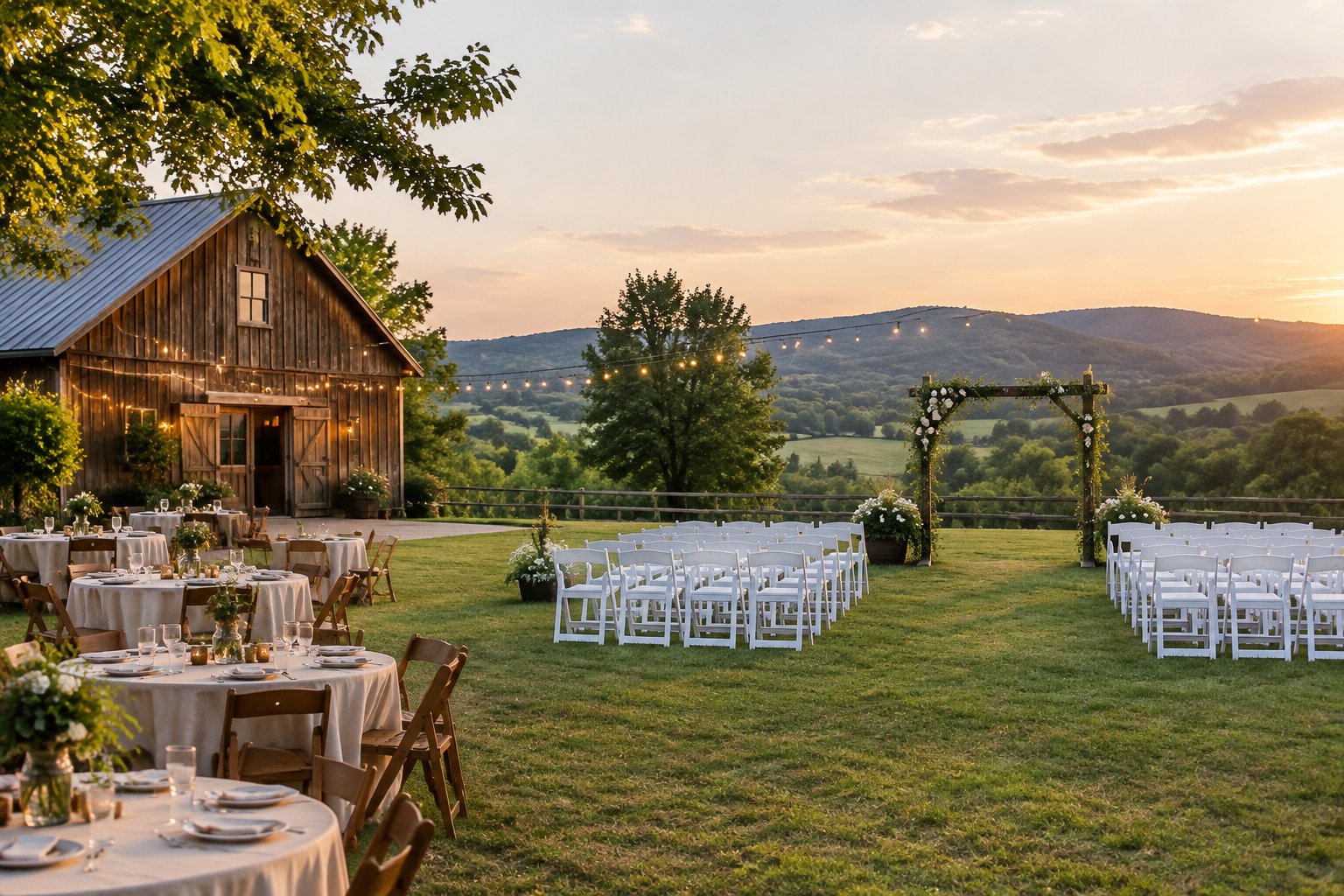 A modest outdoor wedding setup with white chairs, simple floral decorations, and a rustic venue surrounded by greenery.