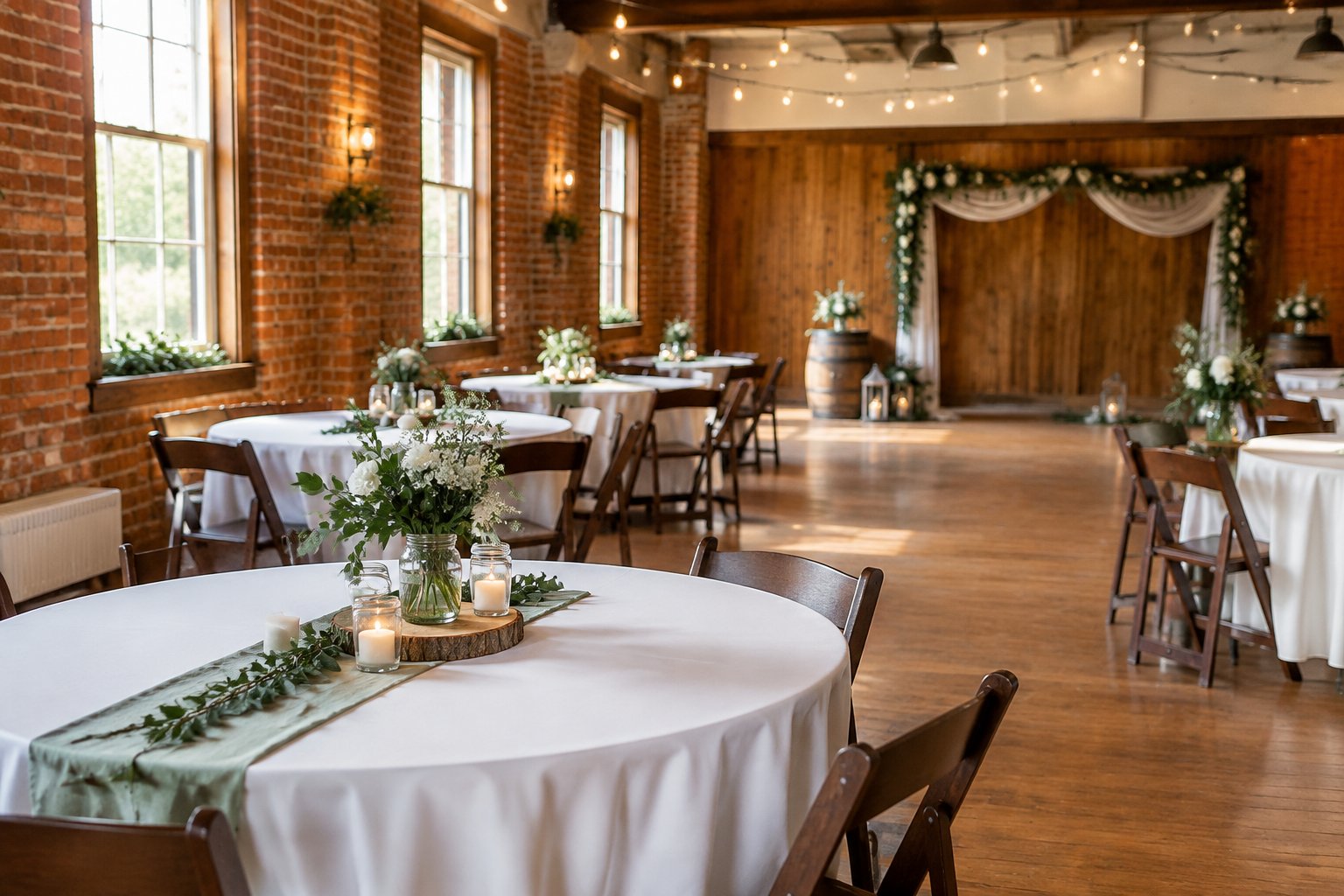 A simple, welcoming wedding reception space with decorated tables and warm lighting.