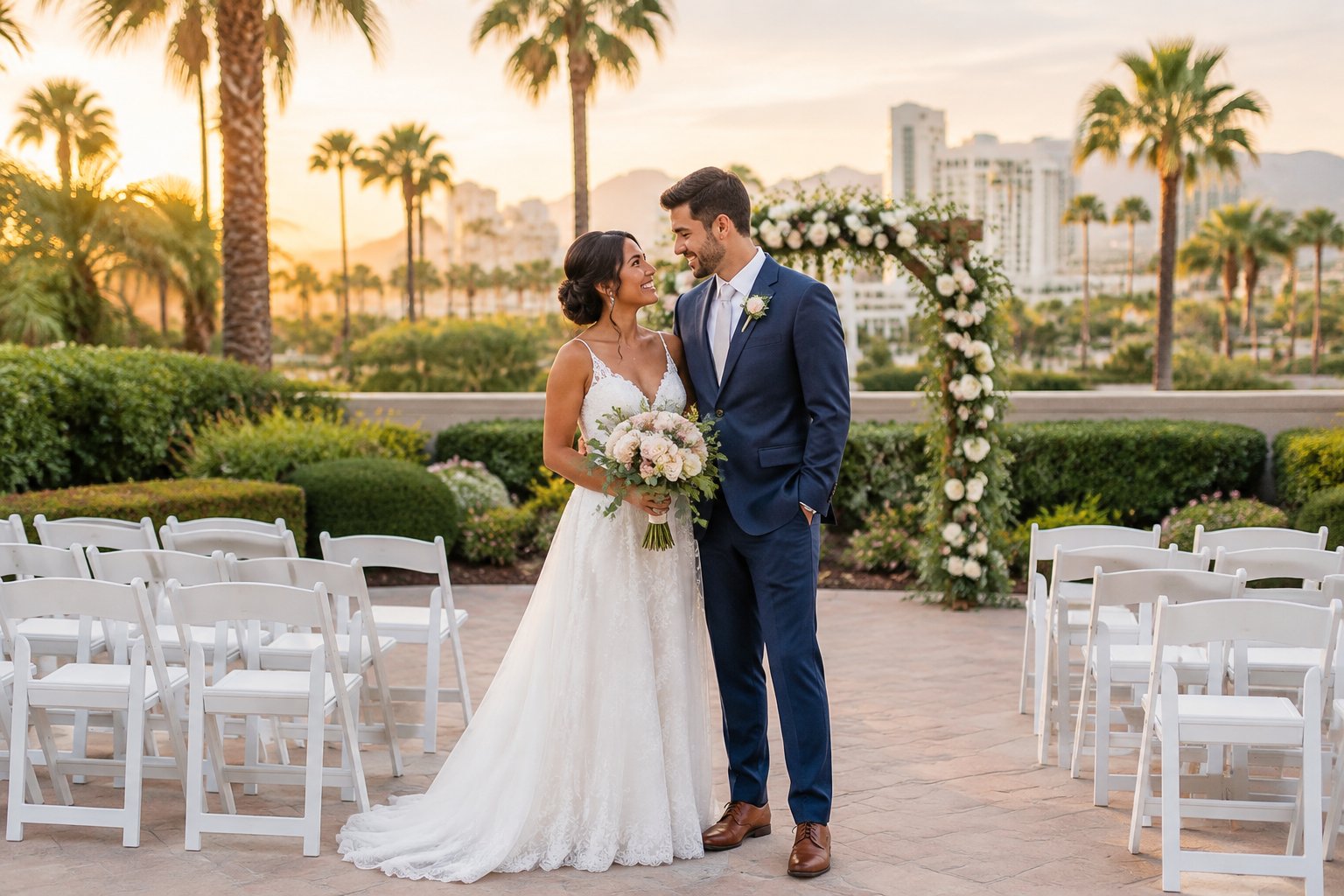 A newlywed couple stands beneath a floral arch at an affordable outdoor wedding venue in Las Vegas.