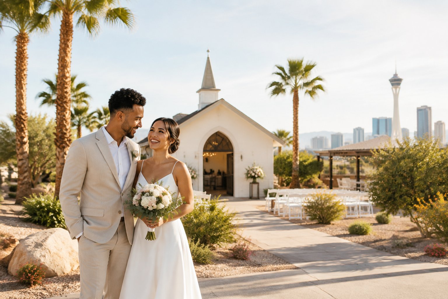 A newlywed couple stands outside a small Las Vegas wedding venue surrounded by palm trees and desert landscaping.
