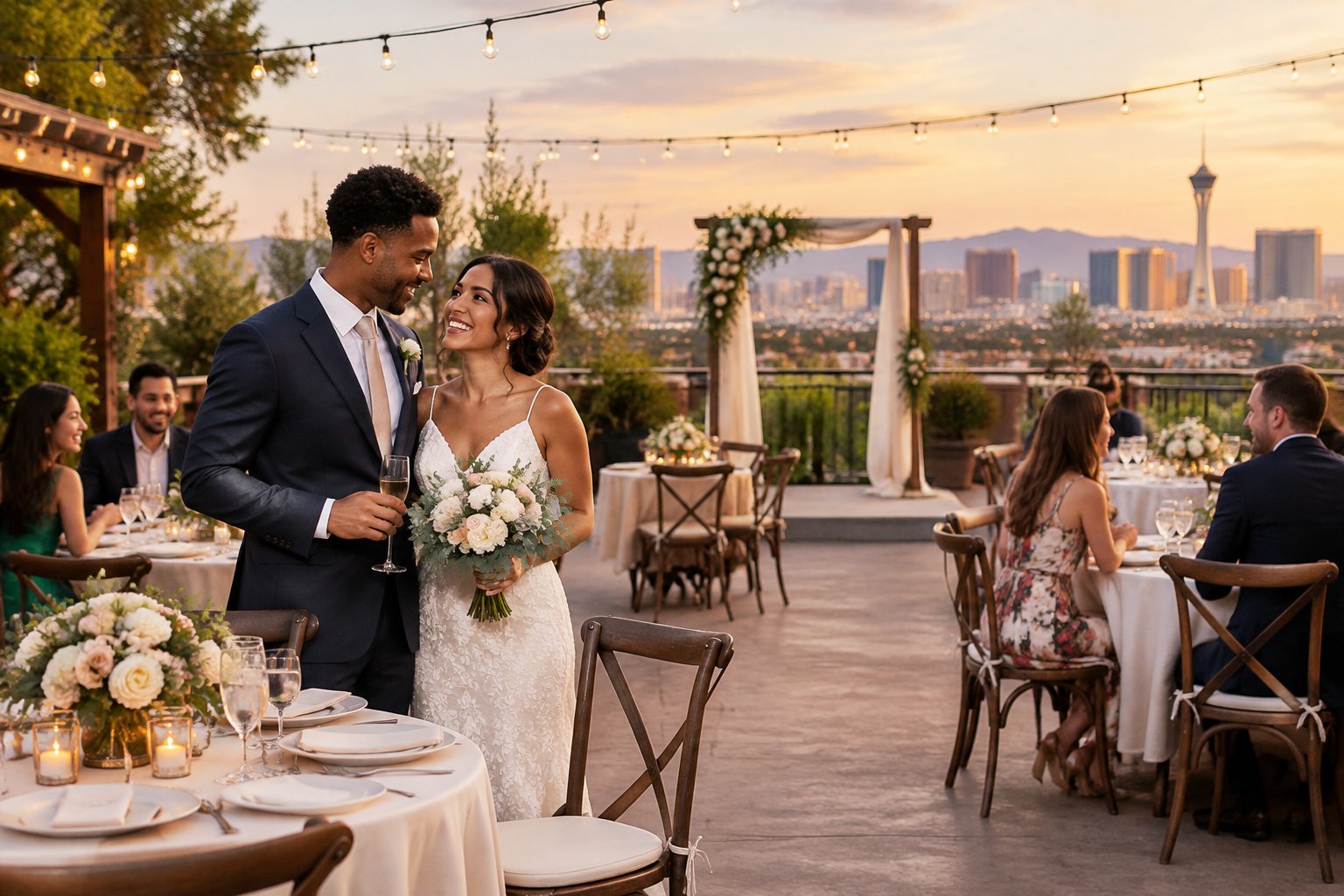 A couple and guests celebrate at an affordable, elegantly decorated wedding venue in Las Vegas.