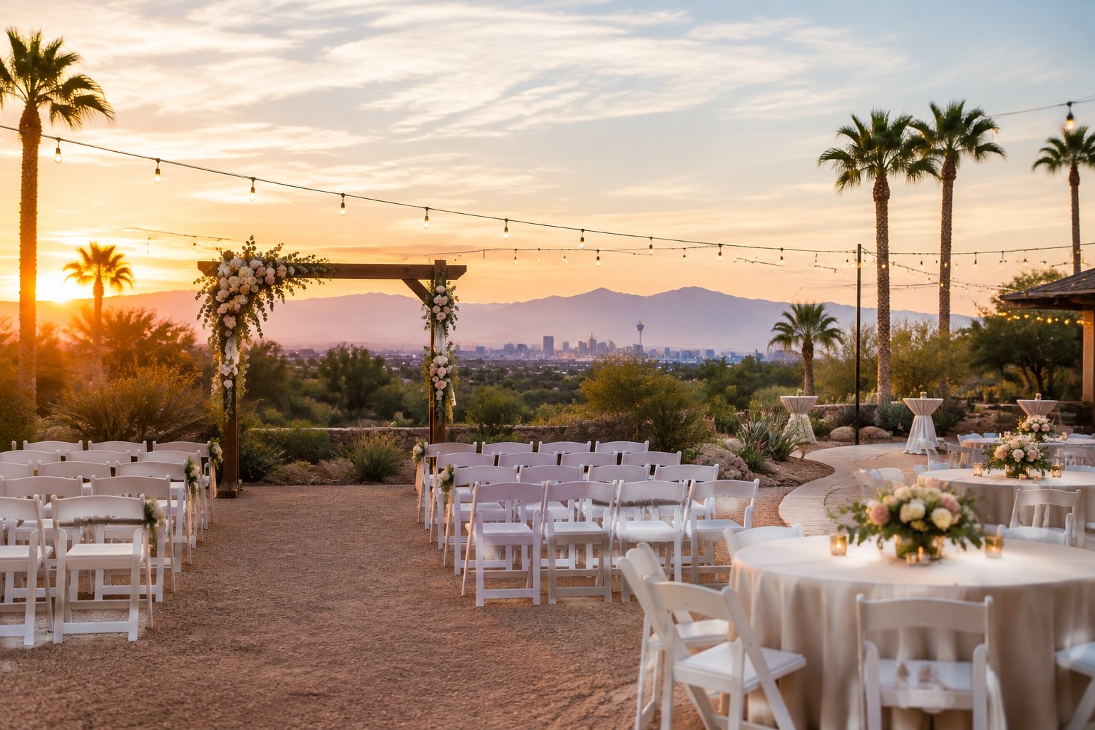 An affordable outdoor wedding venue with chairs, a floral arch, reception tables, and desert mountains in the background.