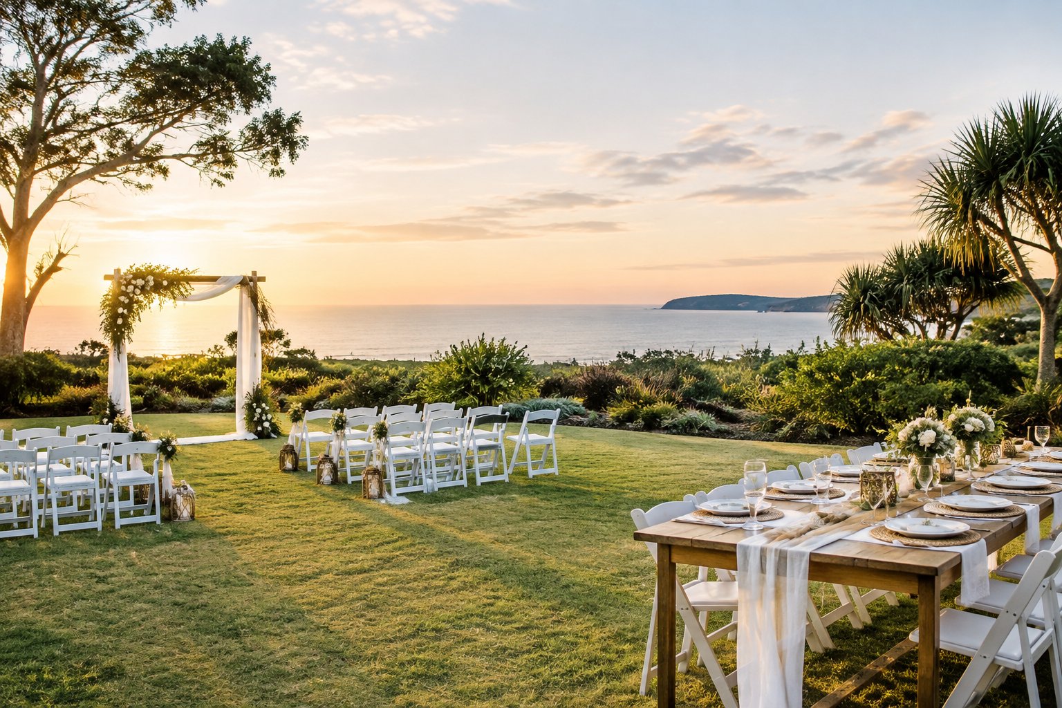 An intimate outdoor wedding reception in a Queensland garden with simple decorations and neatly arranged tables.