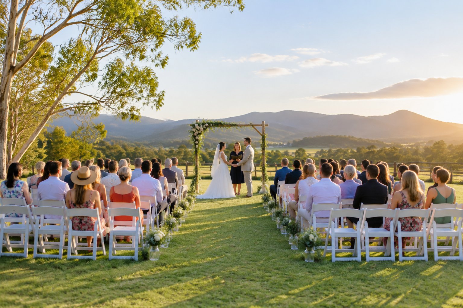 A modest outdoor wedding ceremony set up in a sunny Queensland garden.