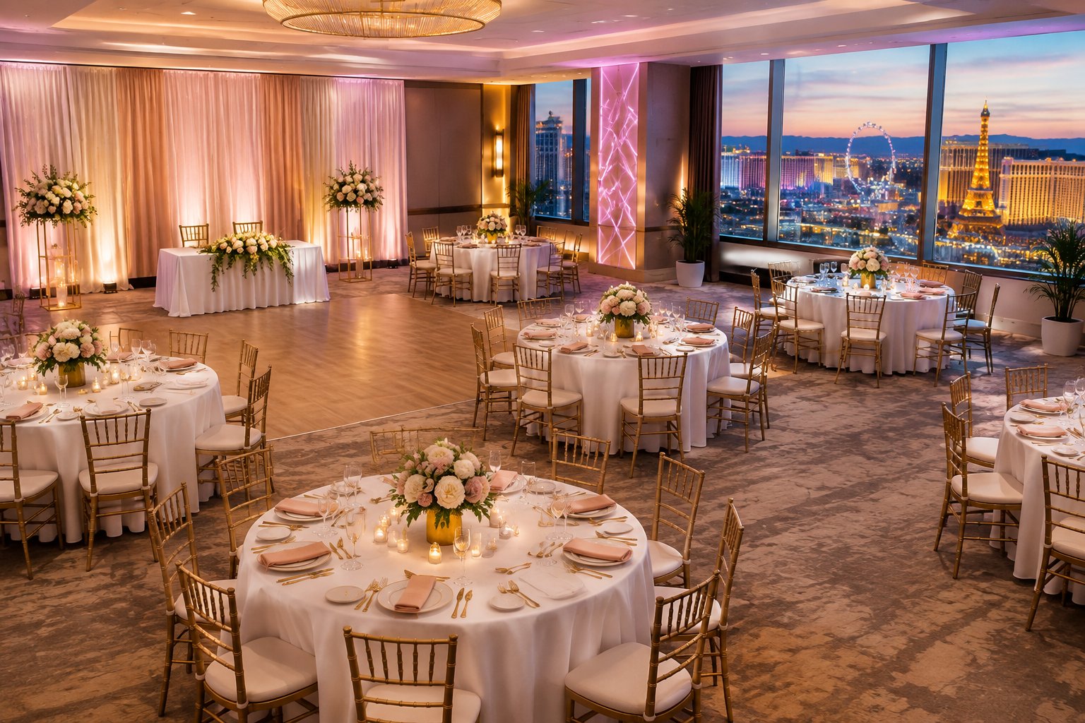 A warmly lit Las Vegas wedding reception venue with neatly arranged tables and simple elegant decorations.